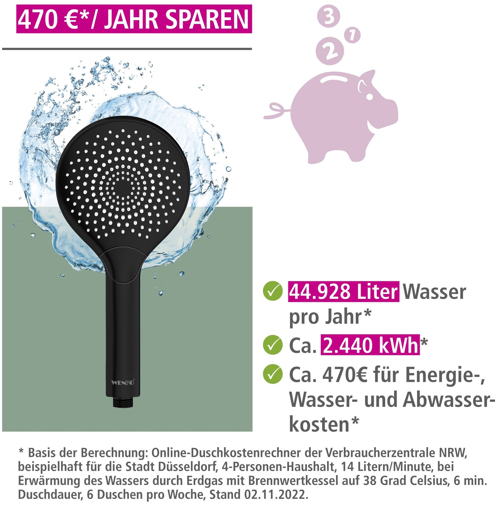 WENKO Handbrause »Watersaving«, (1 tlg.), Schwarz matt, Ø 12 cm