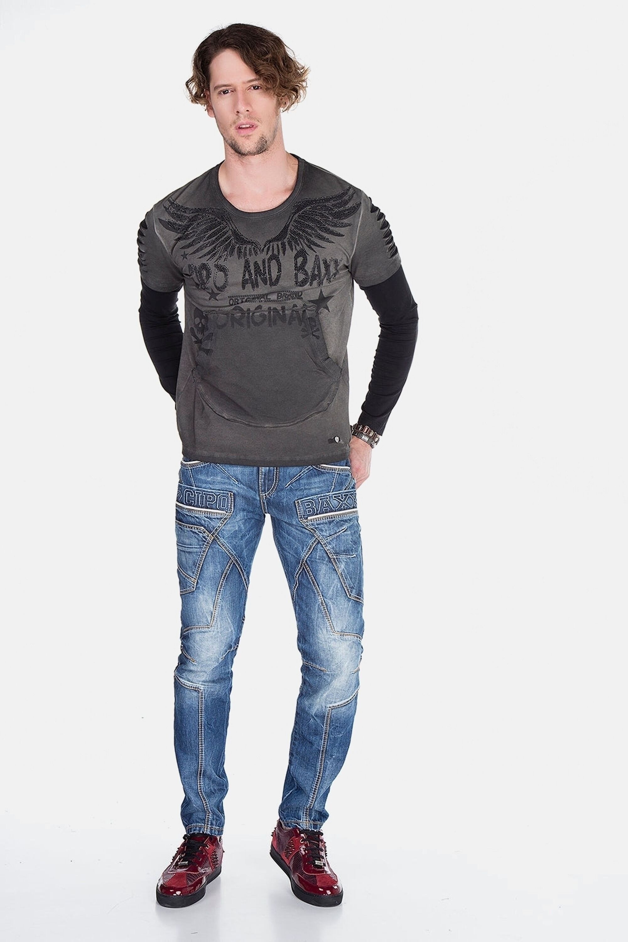 Sweatshirt CIPO & BAXX "Sweatshirts", Herren, Gr. L, grau (anthrazit), 95% Baumwolle, 5% Elasthan, bedruckt, regular fit normal, Rundhals, Raglanärmel, Sweatshirts Sweatshirt, mit Motiv-Print, CL-265 3