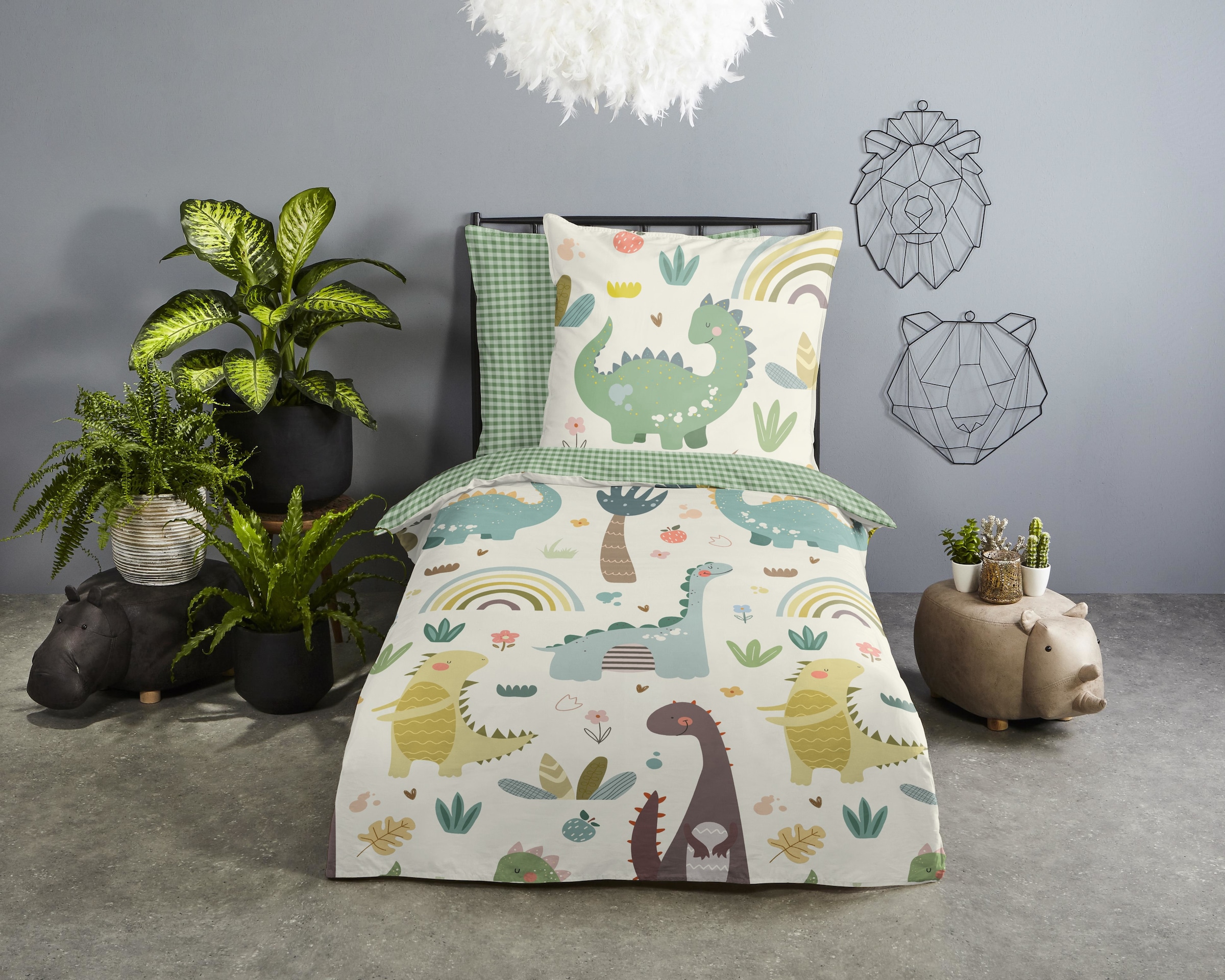 good morning Babybettwäsche "Quint" 2 Baumwolle, Renforcé, Wendeoptik, Kind, Baby, Dino