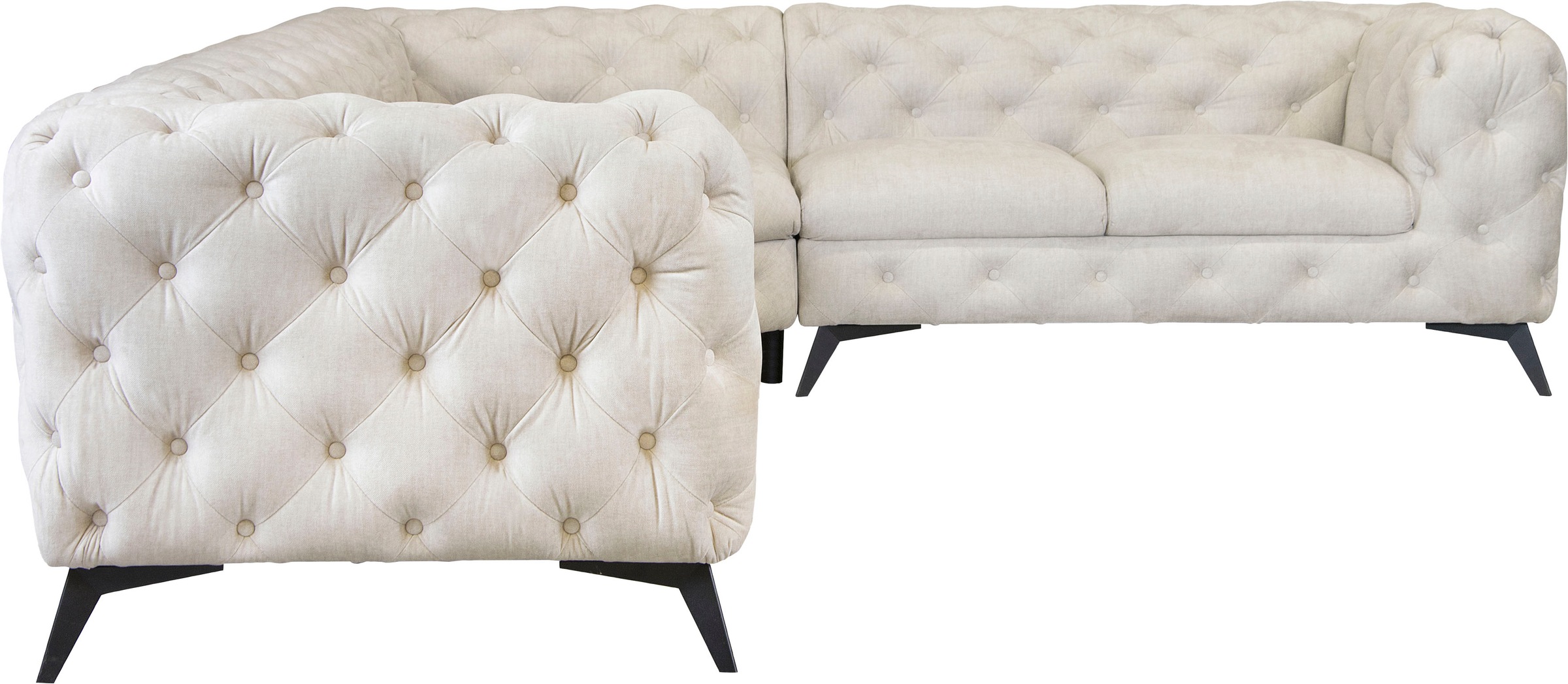 Leonique Chesterfield-Sofa »Ecksofa GLYNIS L-Form mit Wellenunterfederung, Maße B/T/H 323/264/75cm«, aufwändige Knopfheftung, moderne Chesterfield Optik, Fußfarbe wählbar