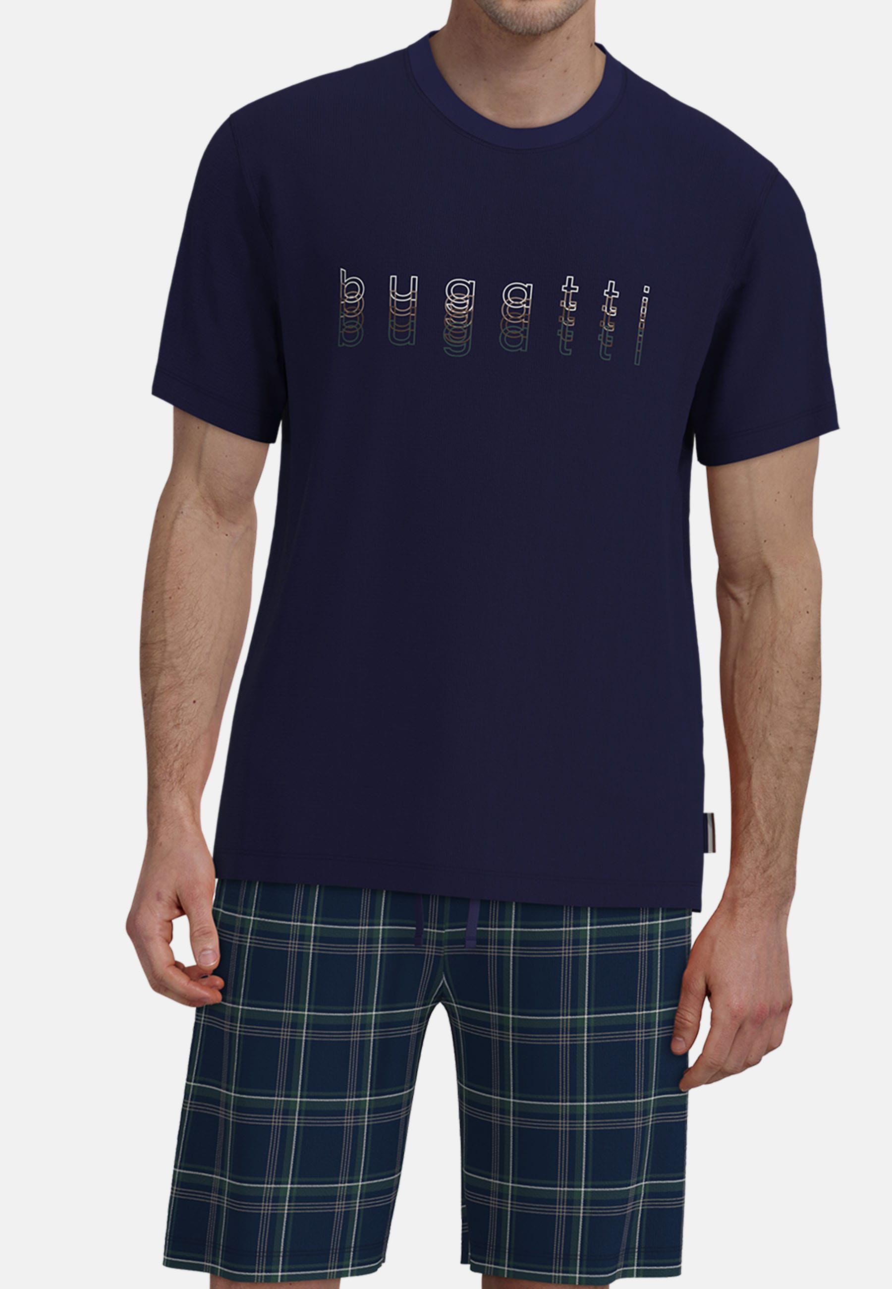 bugatti Shorty Kurzarm, Rundhalsausschnitt, kurze Hose, kariert,  mit Logo, Baumwolle