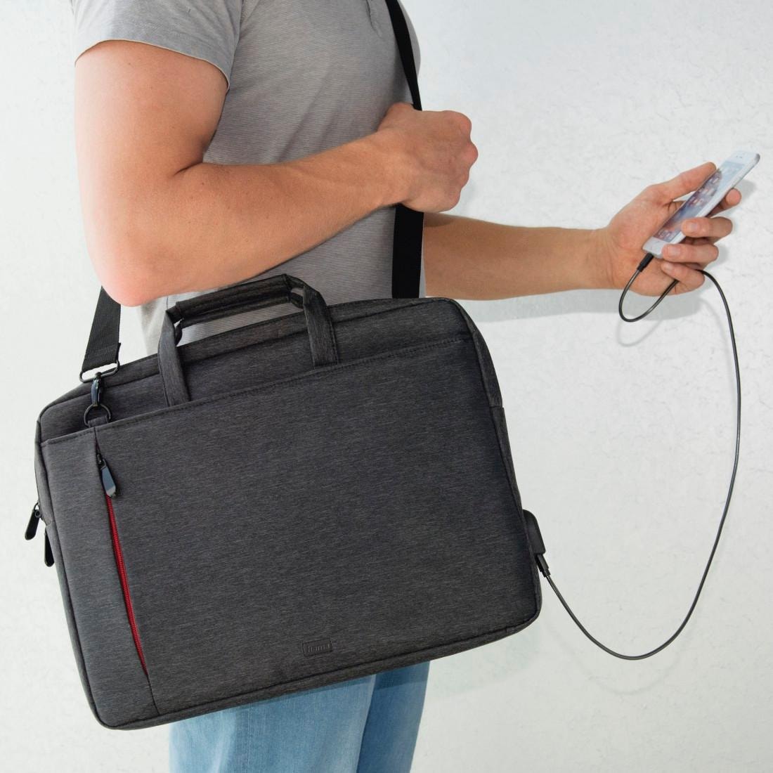 Hama Laptoptasche »Notebook Tasche bis 34 cm (13,3 Zoll), Farbe Schwarz, modisches Design«, Mit Tabletfach, Vordertaschen, Organizerstruktur, Trolleyband,USB-Port