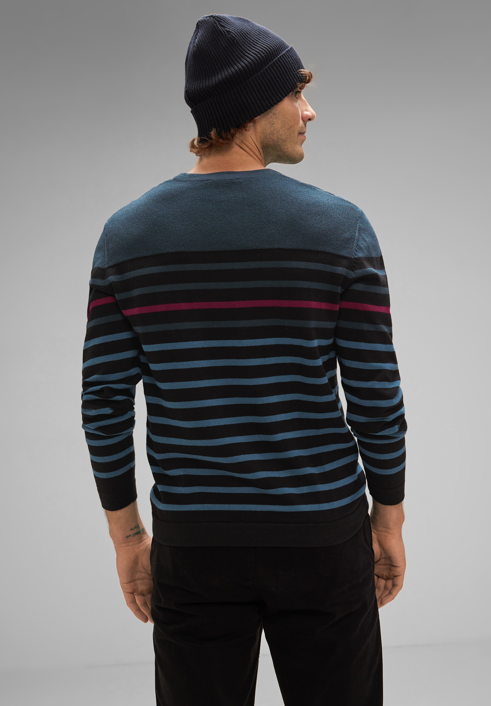 STREET ONE MEN Streifenpullover, aus reiner Baumwolle