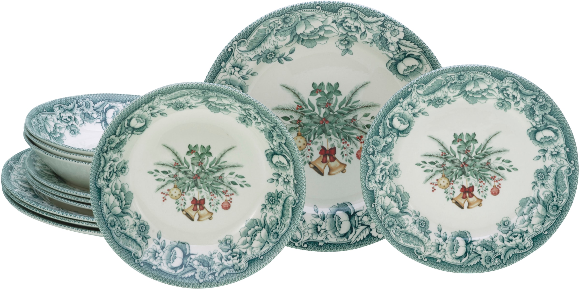 CreaTable Teller-Set »Weihnachten Grün, Tellerset 12-tlg«, (Set, 12 tlg.), Weihnachtsdekorationen als Zentralmotiv
