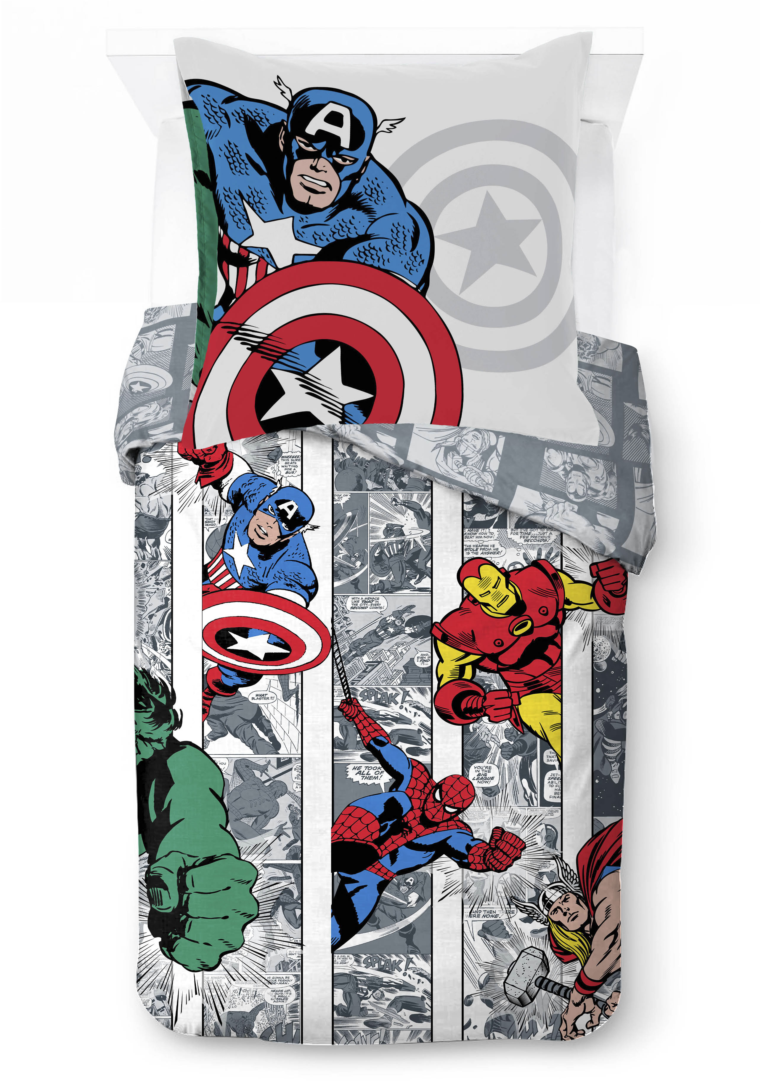 MARVEL "Marvel Comics Bettbezug-Set 135x200 cm + Kissenbezug 80x80 cm" 2 tlg. 100 % Baumwolle, maschinenwaschbar, wendbar