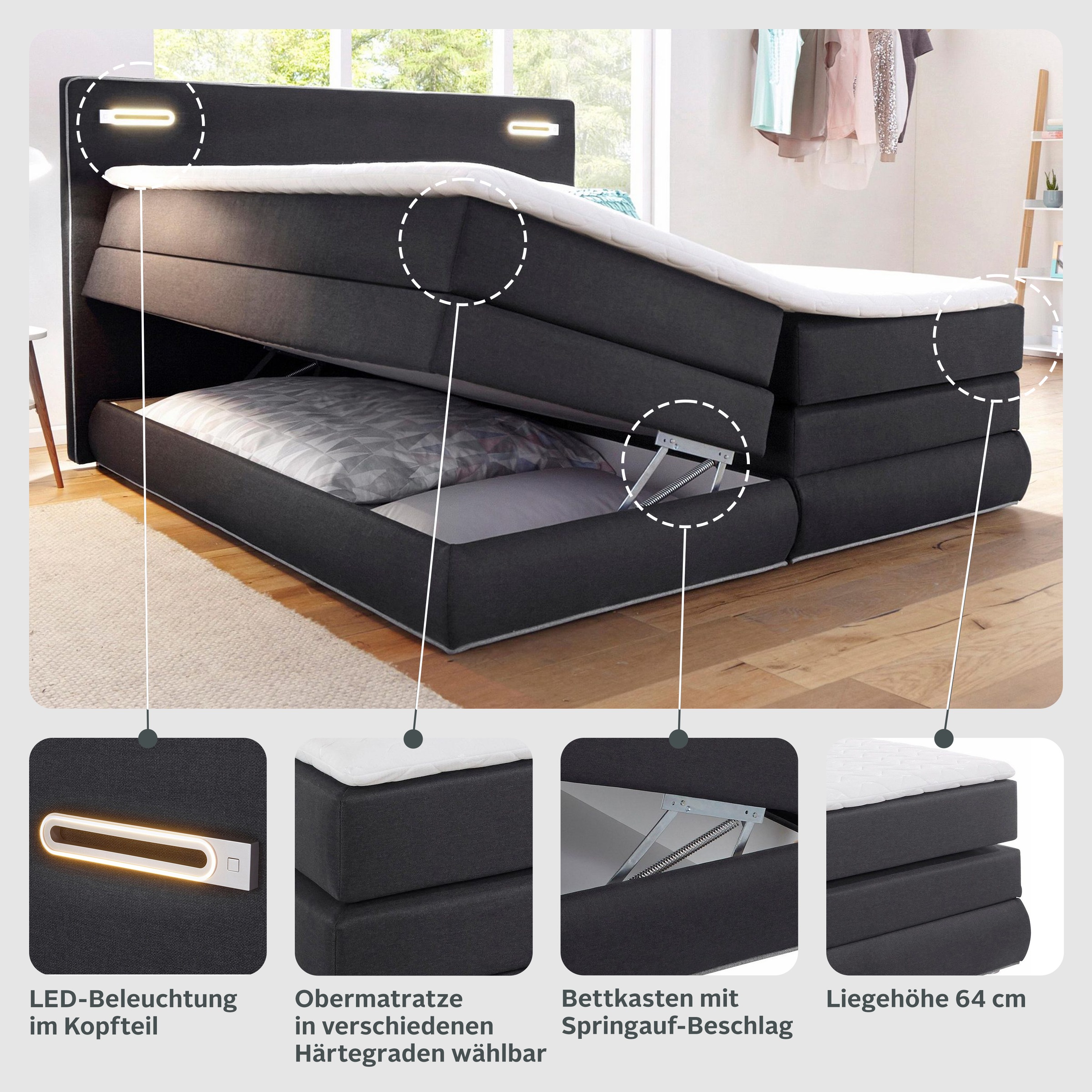 COLLECTION AB Boxspringbett »Ninoni«, inkl. Bettkasten, Topper und wahlweise mit LED-Beleuchtung, Liegefläche 180 x 200 cm