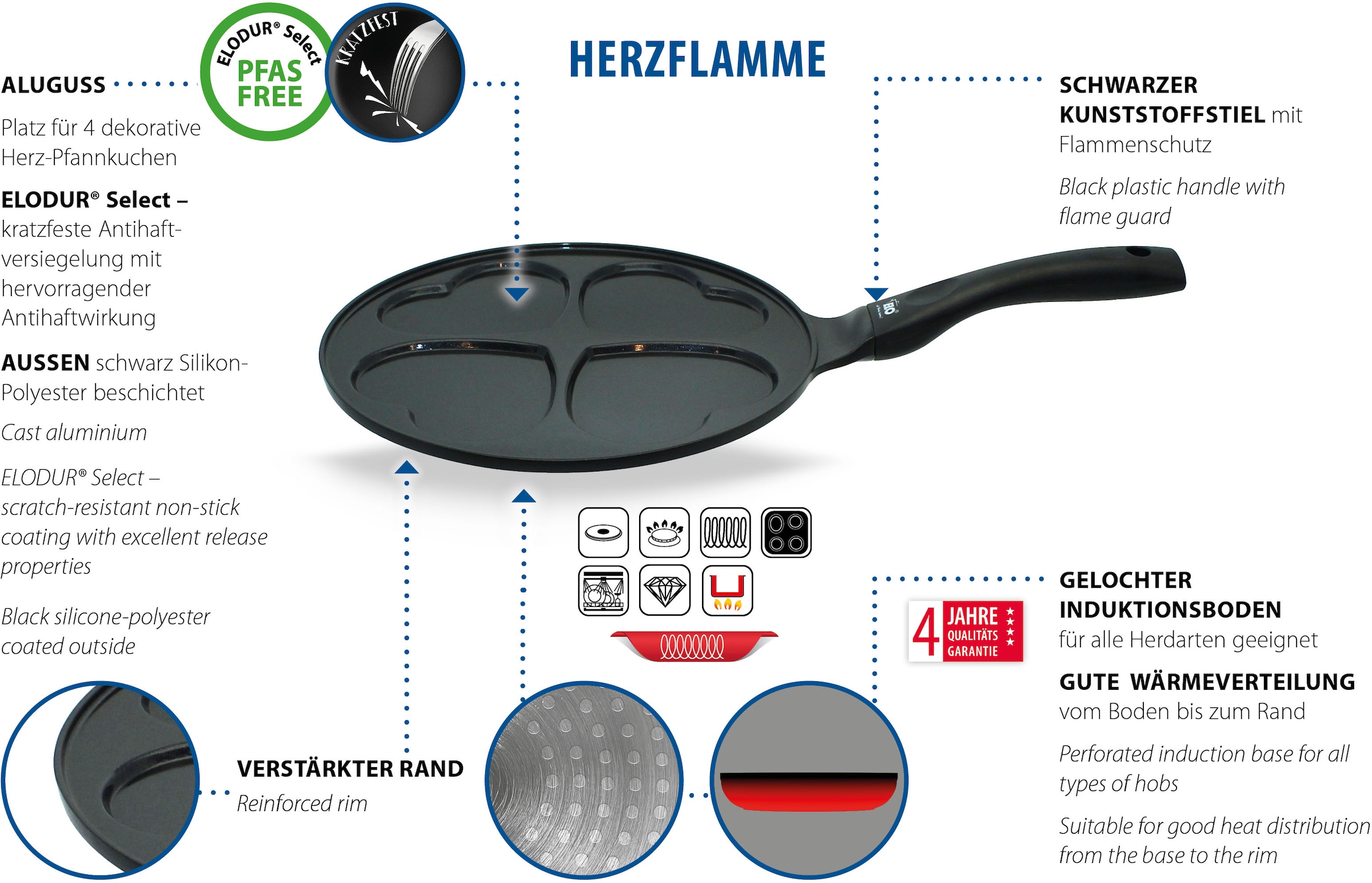 Elo Basic Crêpepfanne »Blini, Herzpfanne 26 cm« Aluminiumguss 1 Stk. tlg. für 4 Herz-Pfannkuchen