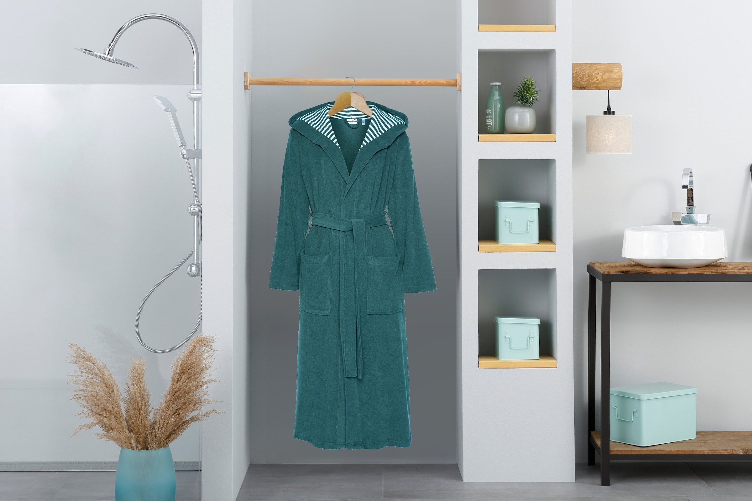 KangaROOS Damenbademantel »Dalia, ideal für Sauna & Spa, Standardlänge & Überlänge«, (1 St.), Uni-Farben mit Streifen, mit Taschen, XS-3XL, auch in extra lang