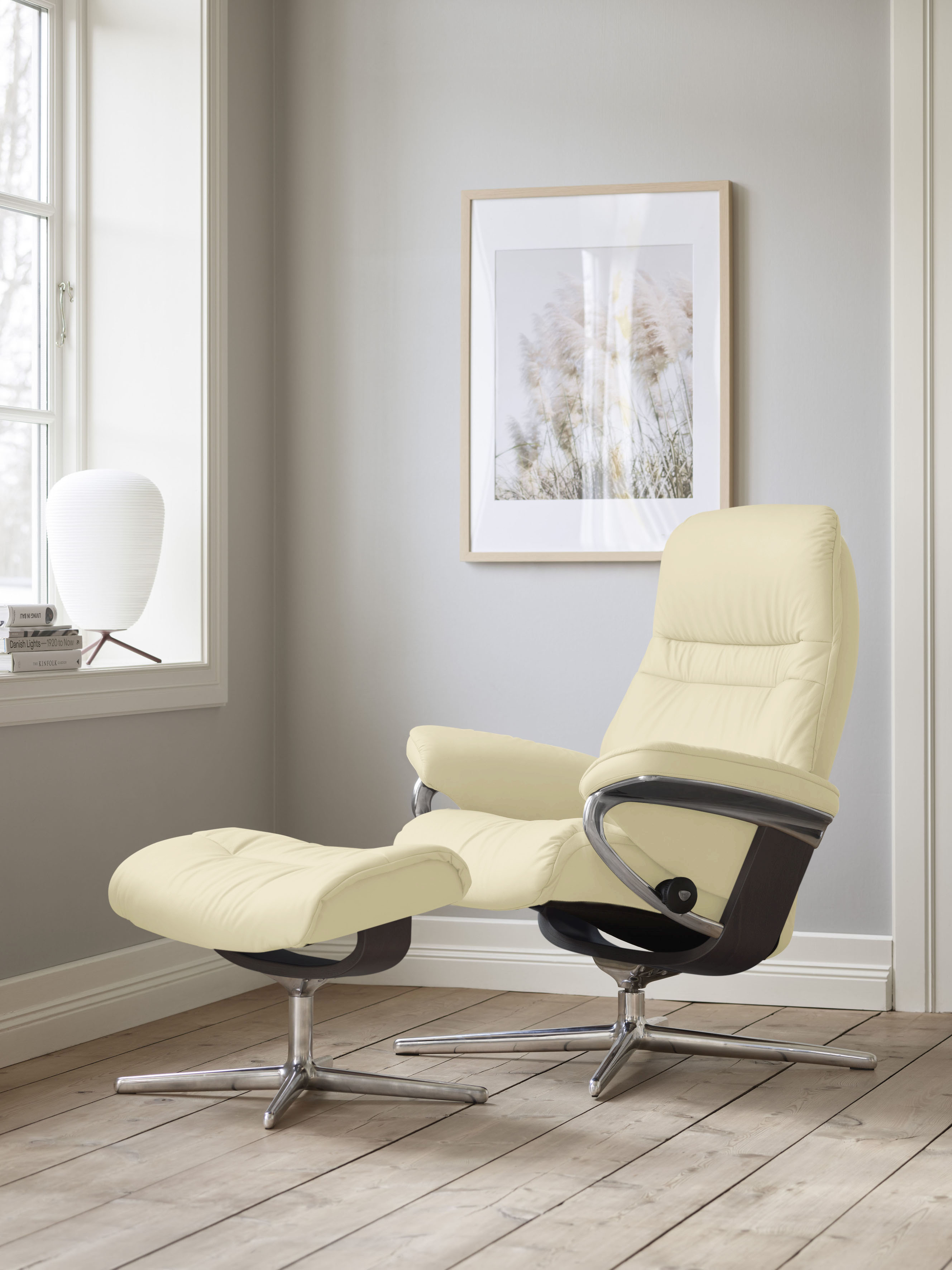 Stressless Relaxsessel "Sunrise" Set, Relaxsessel mit Hocker, mit Hocker, mit Cross Base, Größe S, M & L, Holzakzent Wenge