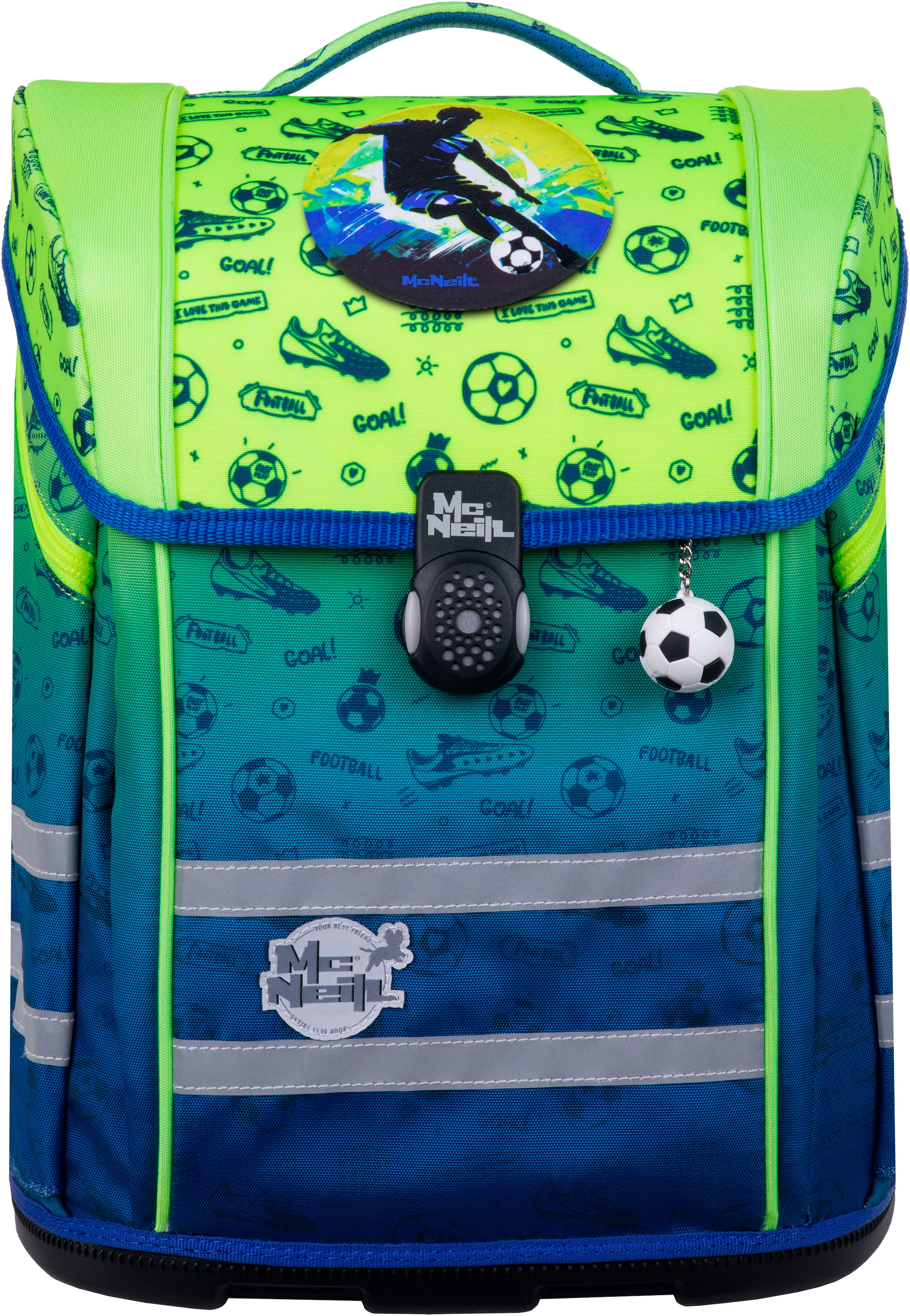 McNeill Schulranzen »Perfecto, Football 2T«, reflektierende Streifen auf den Schultergurten-retroreflektierende Flächen, inkl. Federmäppchen, Turnbeutel, Schlamperrolle & Motivmagnet