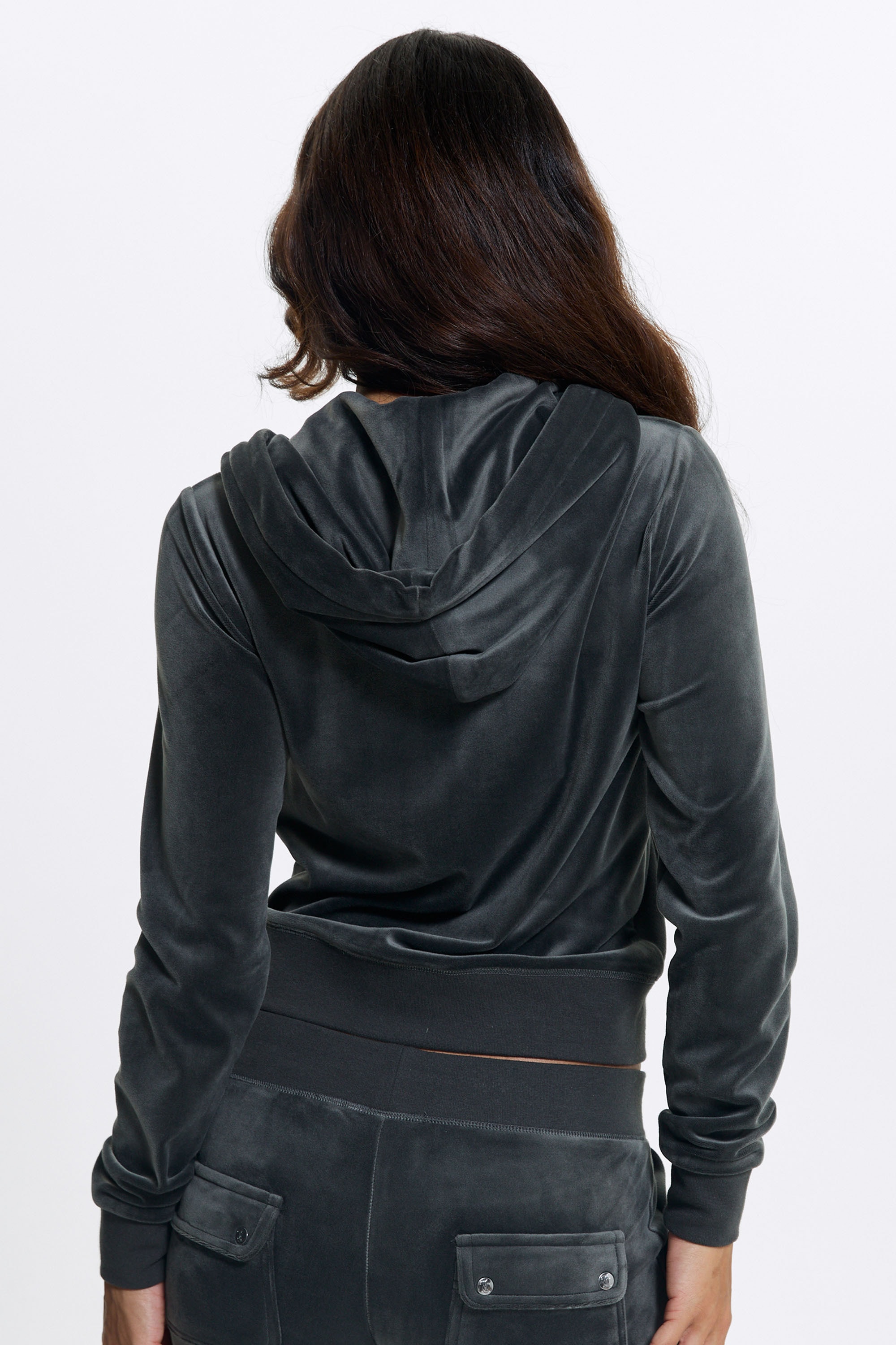 Juicy Couture Kapuzennickijacke »ROBERTSON HOODIE GUMETAL HARDWARE Damen« mit Kapuze Trainingsjacke Damen, Sweatjacke mit Kapuze, Velour, mit Glitzer, Sale