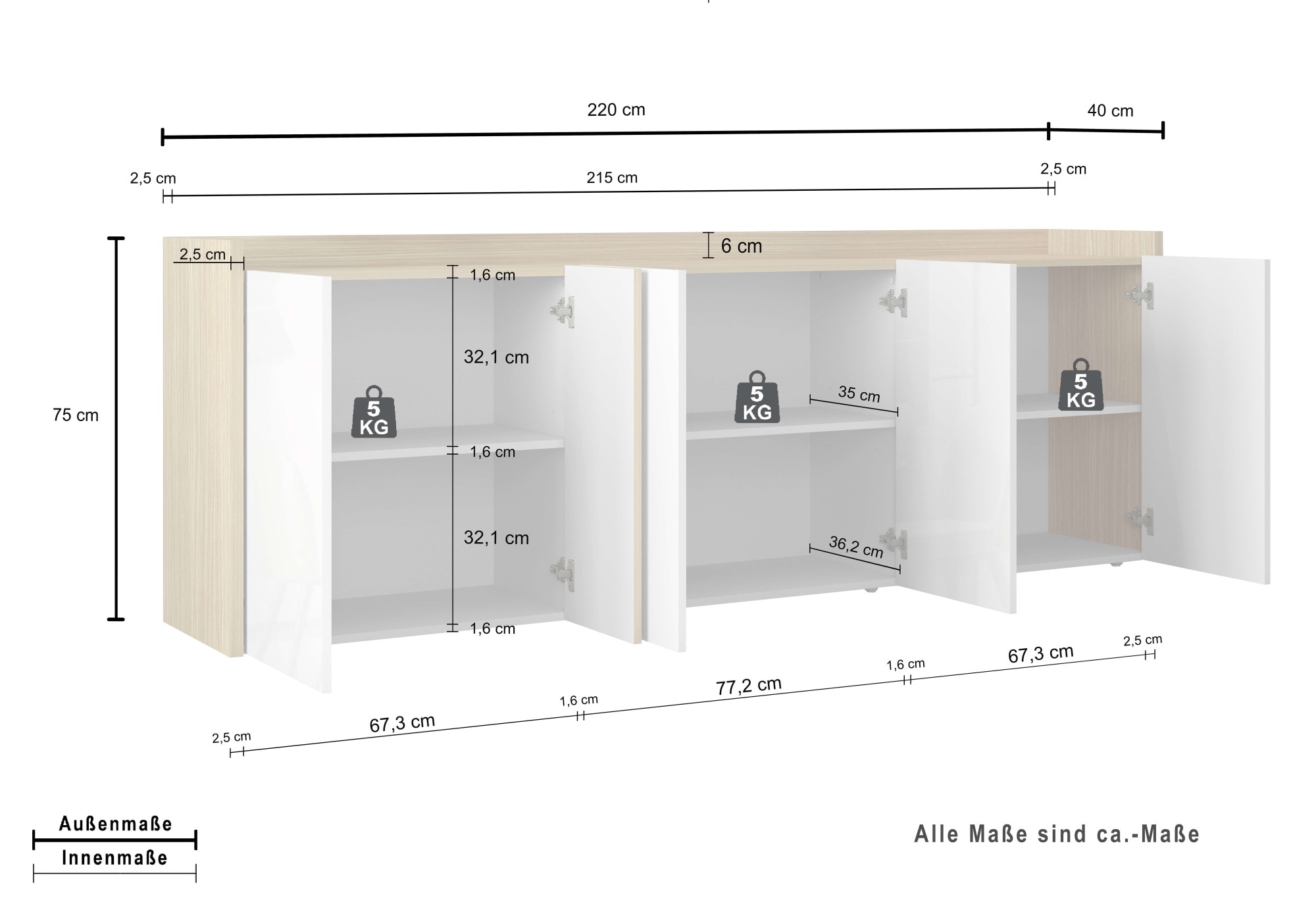 OTTO home Sideboard »Sideboard ALTEA, Kommode, Schrank, Kredenz« 1 Stk. tlg. Mit 6 Drehtüren, 6 Innenfächer, B.220 cm