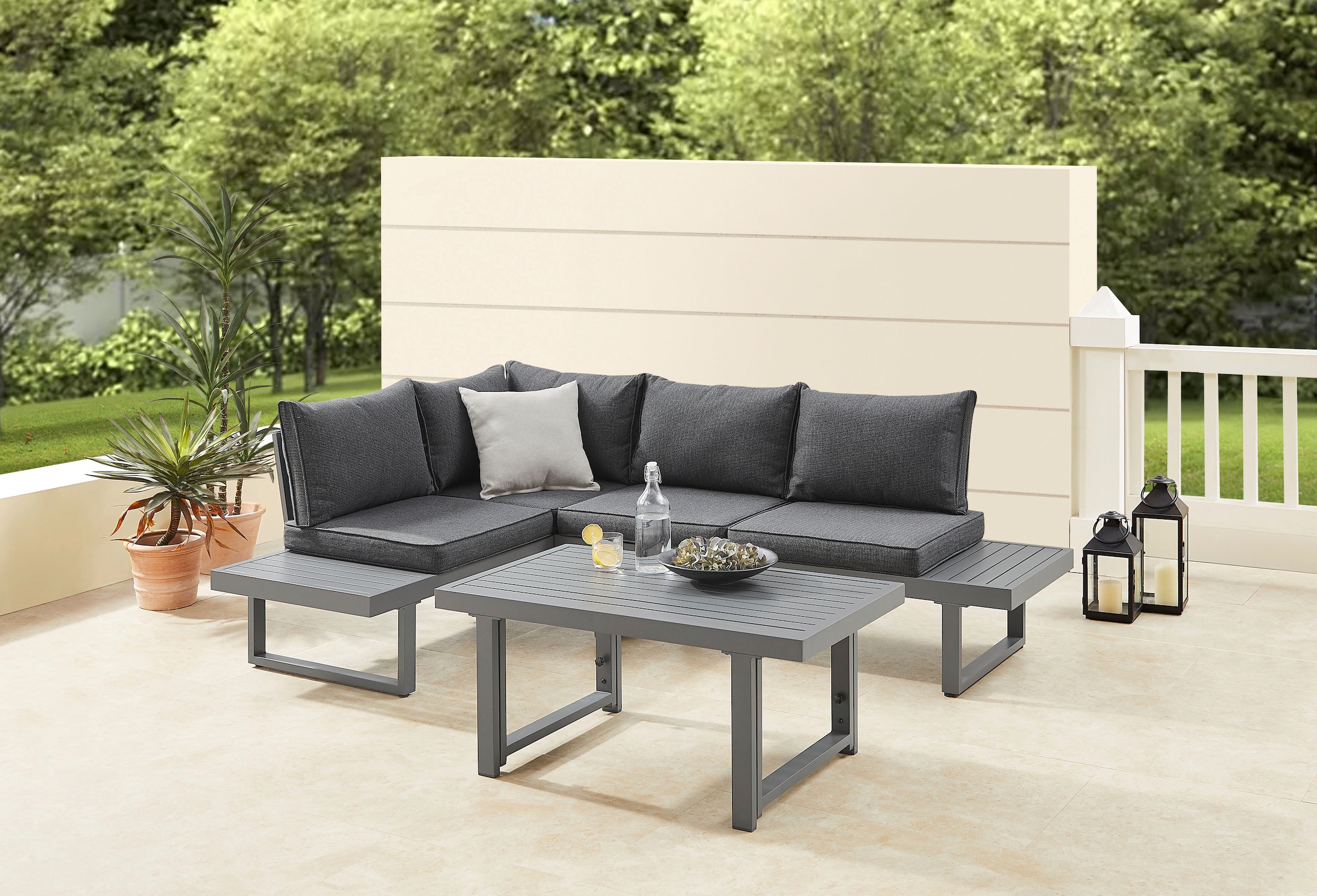 KONIFERA Gartenlounge-Set »Hamburg«, (Set, 14 tlg., Tisch:100x60x60/40cm,abnehmbare Rückenlehnen,individuell aufstellbar), höhenverstellbarer Tisch, inkl. Schutzhülle, Aluminiumgestell