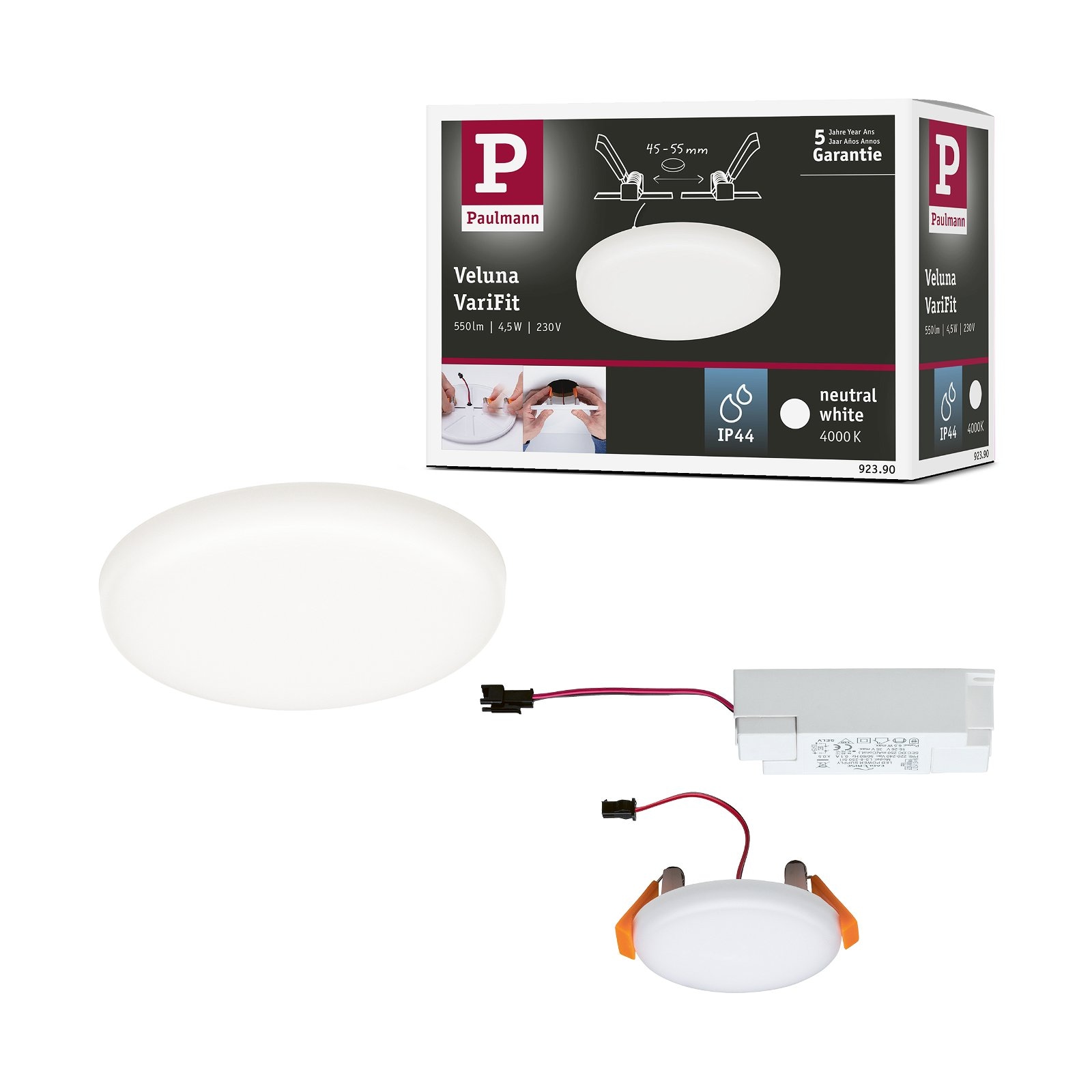 Paulmann LED Einbauleuchte »VariFit Veluna IP44 rund 75mm 4,5W 400lm 4000K Satin« 1 Stk. Neutralweiß Einbaupanel
