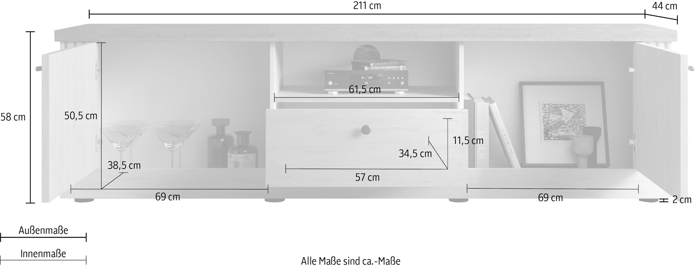Home affaire Lowboard »Country Breite 211 cm, TV-Board 2 Türen u. 1 Schubkasten, TV-Schrank«, im Landhausstil, viel Strauraum, mit Metallgriffe, MDF Rahmen