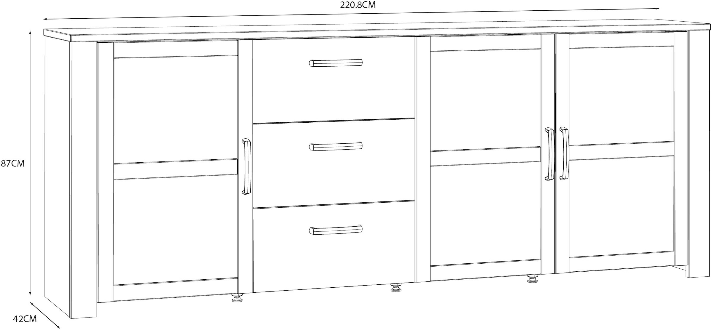 FORTE Sideboard »Bohol, großes Sideboard,Breite 2,20 mtr. Soft-Close, Stauraum« B/H/T 220,8/87/42cm, 3 Türen, 3 SK