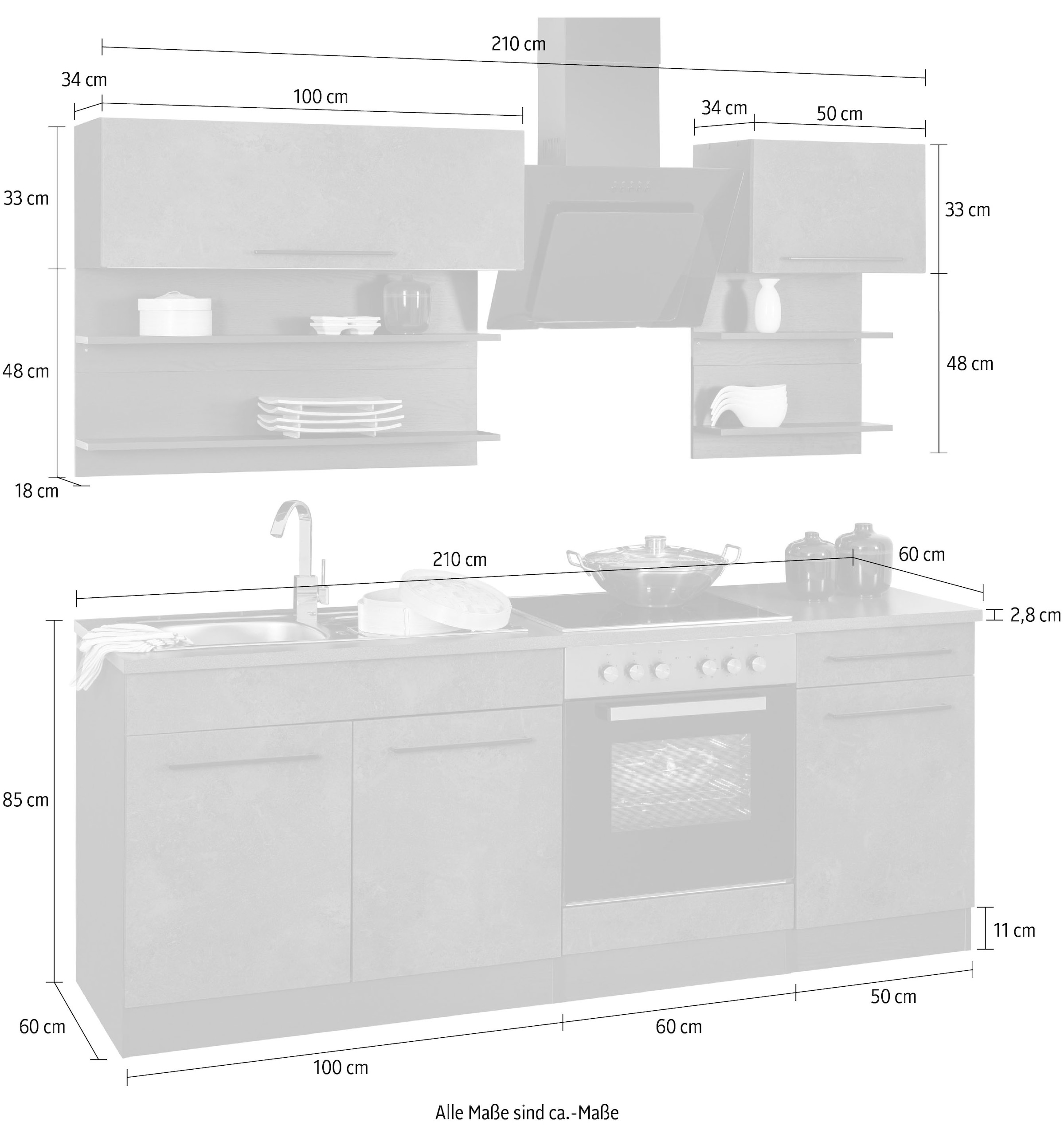 HELD MÖBEL Küchenzeile »Tulsa«, Breite 210 cm, schwarze Metallgriffe, hochwertige MDF Fronten