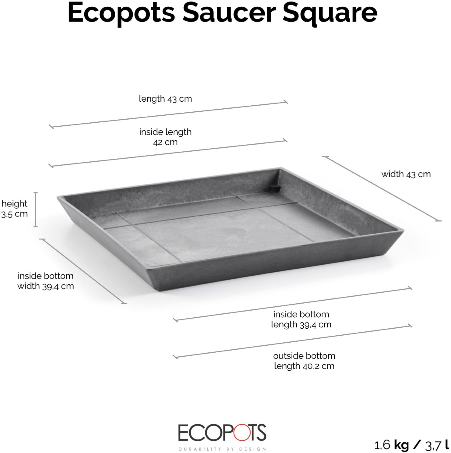 ECOPOTS Blumentopfuntersetzer »SQUARE SAUCER Grey« BxTxH: 43x43x3,5 cm