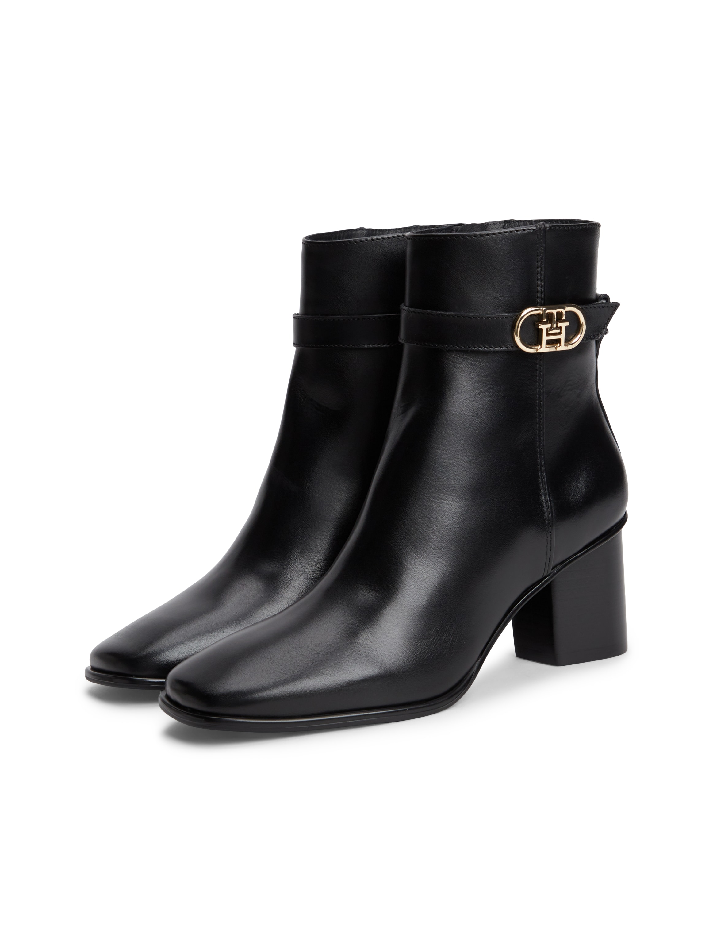 Tommy Hilfiger Stiefelette "TH STRAP LEATHER BLOCK HEEL BOOT" Herbstschuh, Businessschuh mit goldfarbenem Schmuckelement