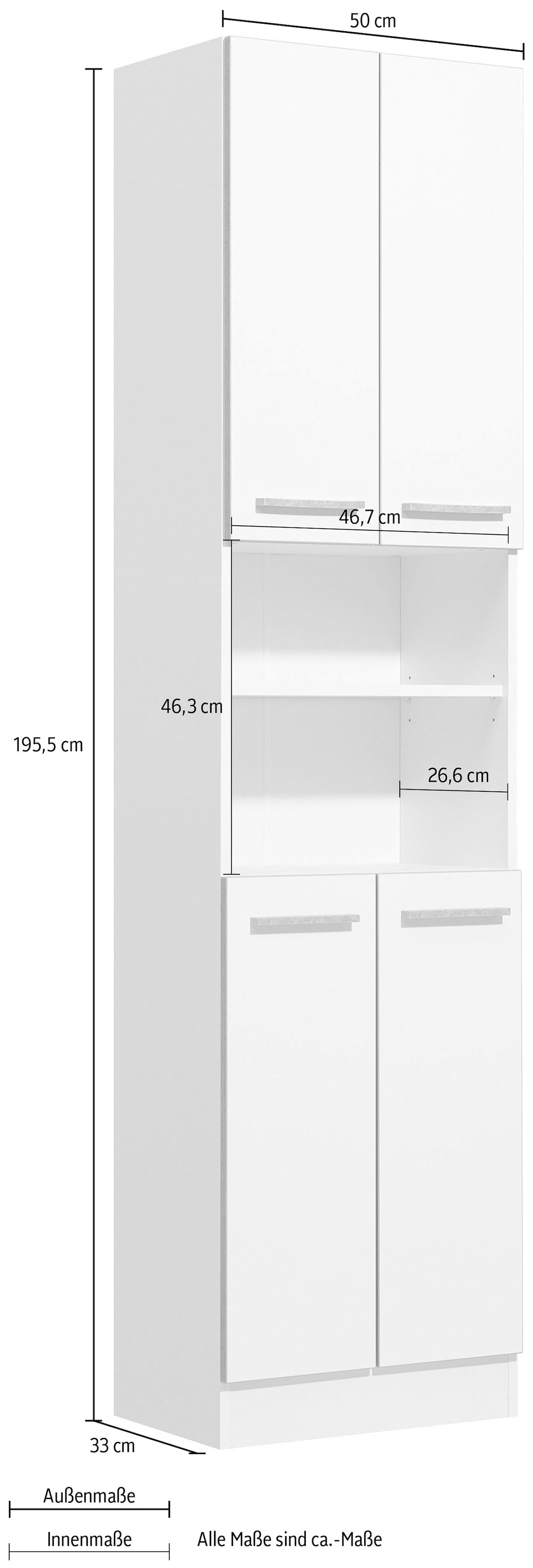 Saphir Hochschrank »Quickset 953 Badschrank 50 cm breit, 4 Türen, Nische, 3 Einlegeböden«, Badezimmer-Hochschrank, Weiß Glanz, Griffe in Betonoptik
