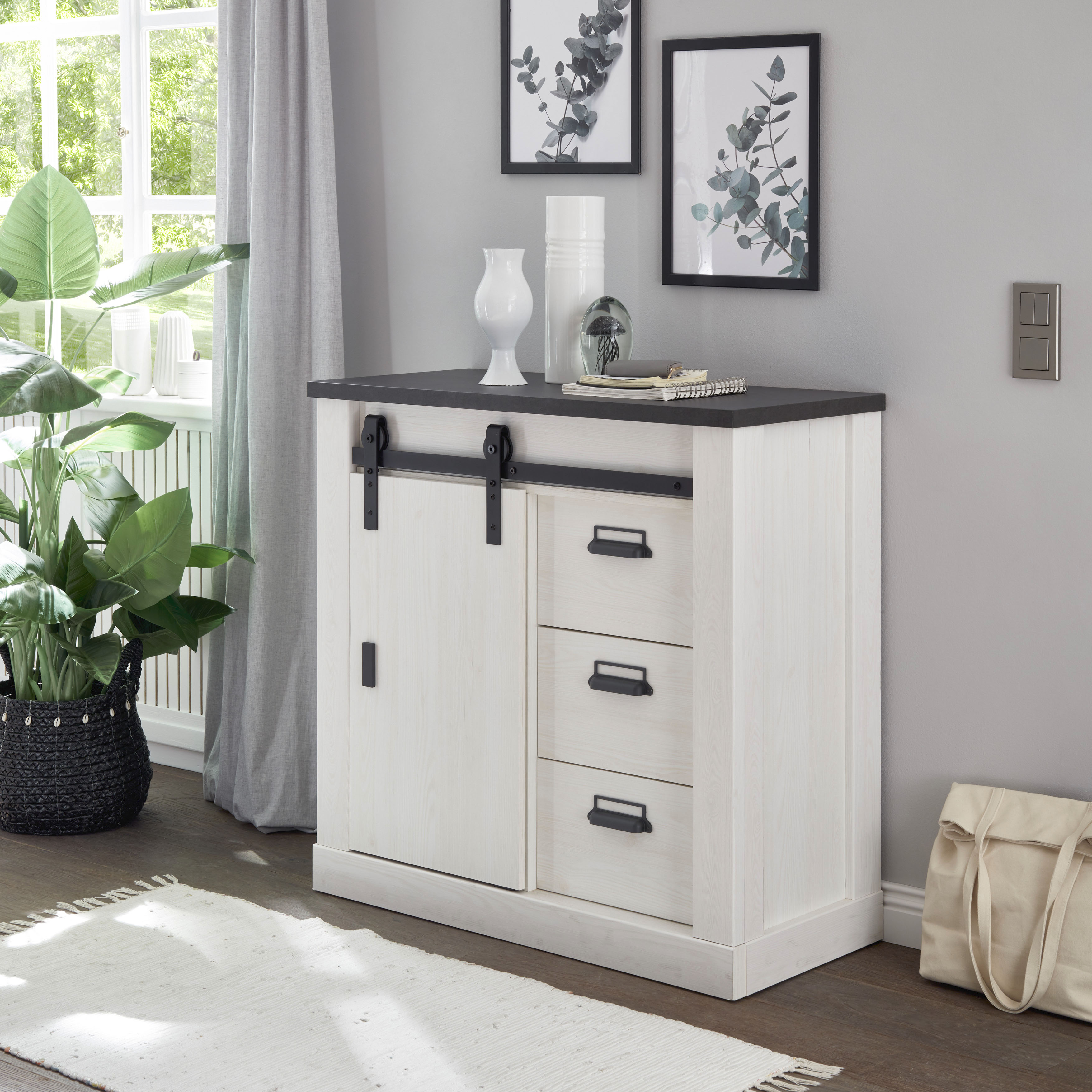 Home affaire Kommode "Sherwood, Sideboard im Industrial-Style, Schrank, Stauraumelement" mit Scheunentorbeschlag & Apothekergriffen, in 2 Farben erhältlich
