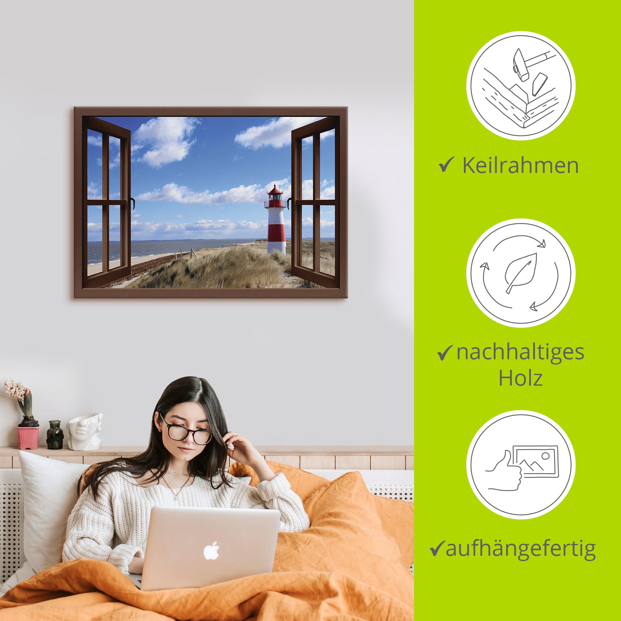 Artland Wandbild »Fensterblick - Leuchtturm Sylt«, Fensterblick, (1 St.), als Leinwandbild, Poster in verschied. Größen