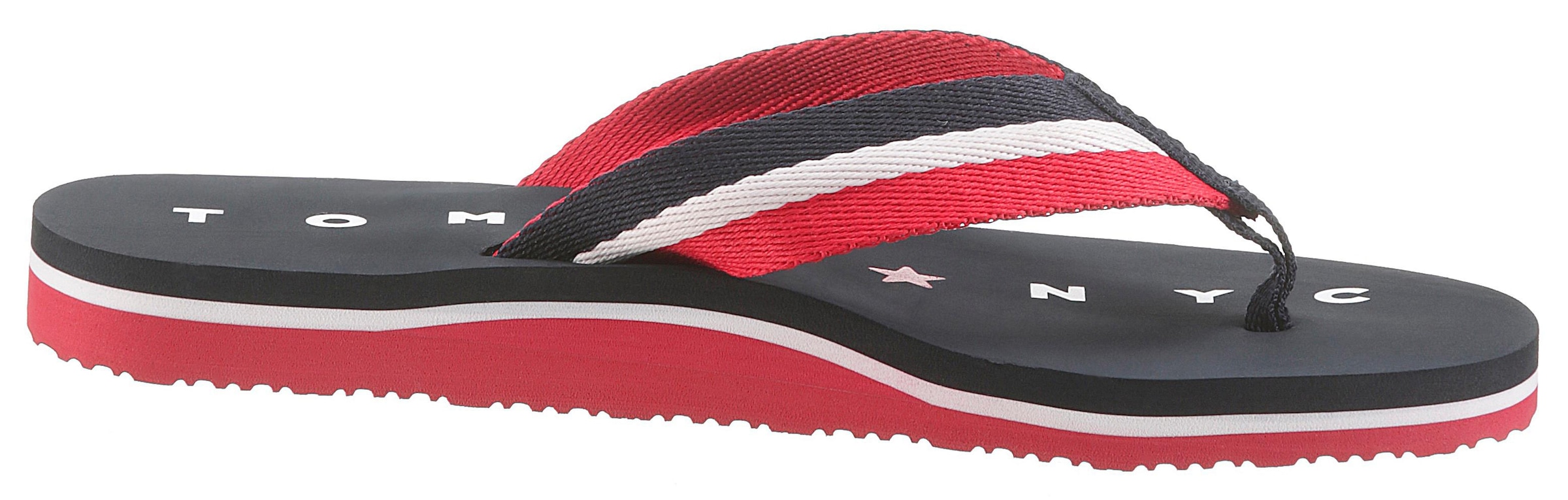 Tommy Hilfiger Zehentrenner »TOMMY LOVES NY BEACH SANDAL«, Sommerschuh, Schlappen, Poolsildes mit Logo auf der Laufsohle