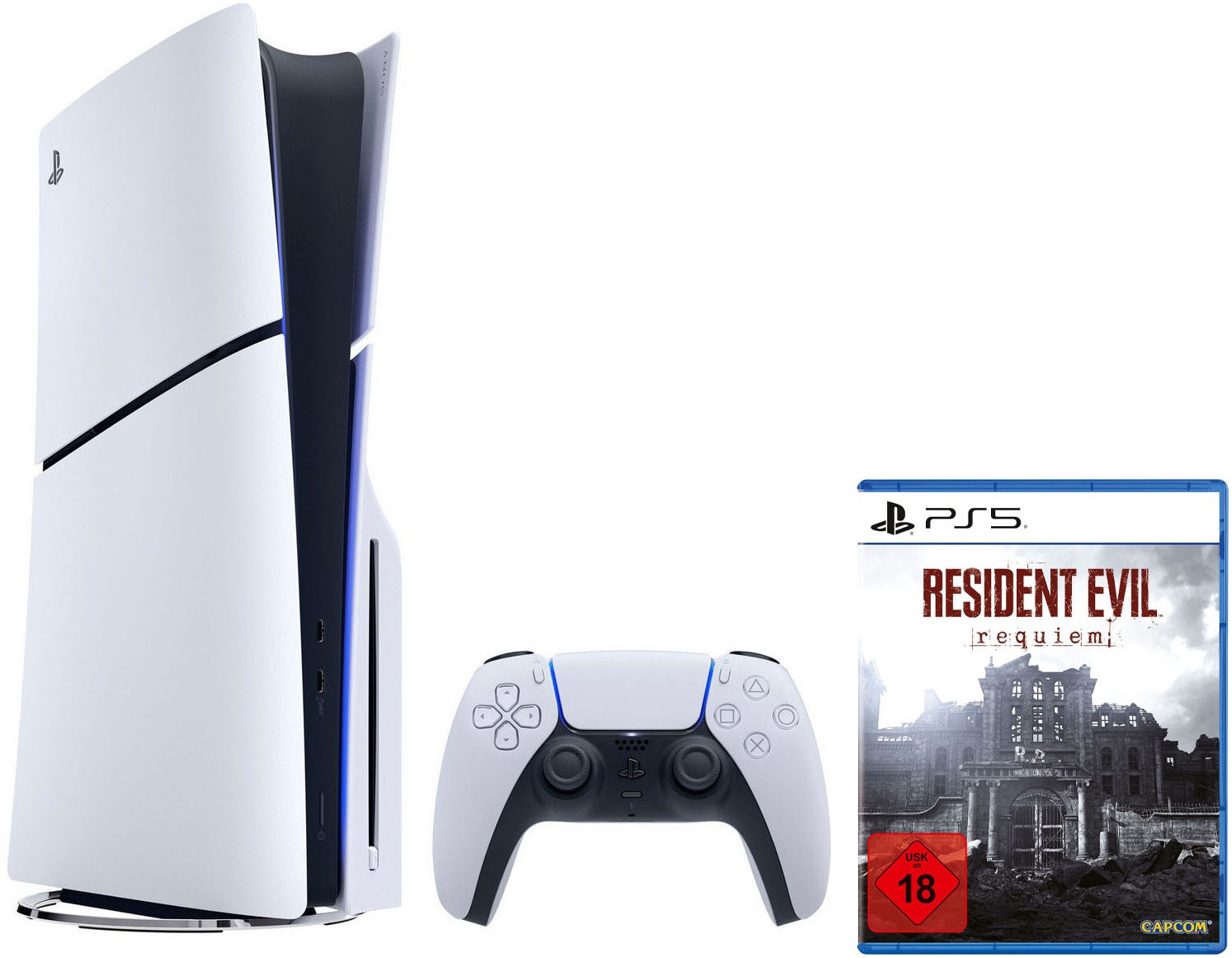 PLAYSTATION 5 Konsolen-Set "PS5 Disk Slim Edition 1TB + Resident Evil Requiem", weiß (weiß, schwarz), B:9,6cm H:35,8cm T:21,6cm, Spielekonsolen - Einh