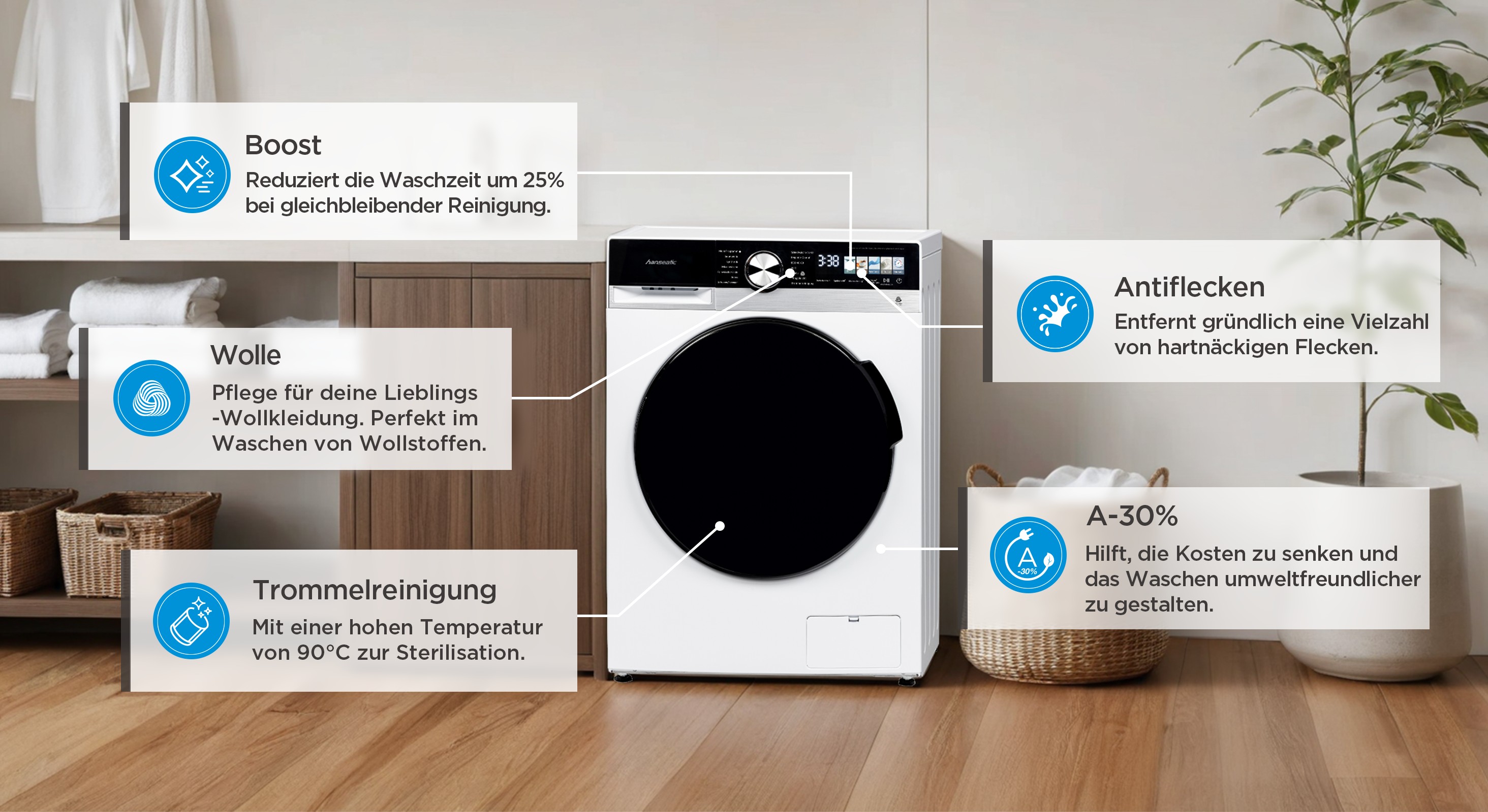Thumbnail - Hanseatic Waschmaschine "HWMM5714A3" 7 kg 1400 U/min Touch-Farbdisplay, Schnellwaschprogramm, Dampffunktion