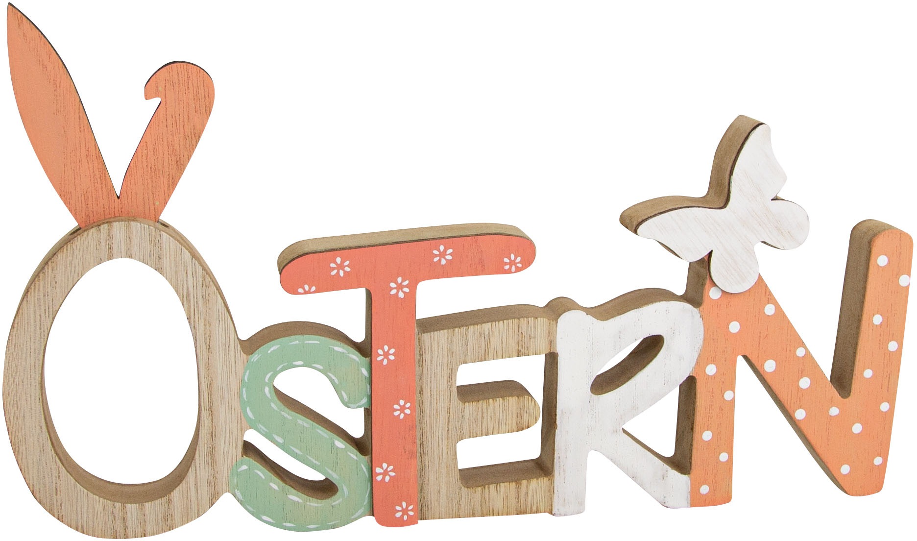 RIFFELMACHER & WEINBERGER Deko-Schriftzug ""Ostern" zum Stellen, mit Hasenohren und Schmetterling, aus Holz", Frühjahrsd