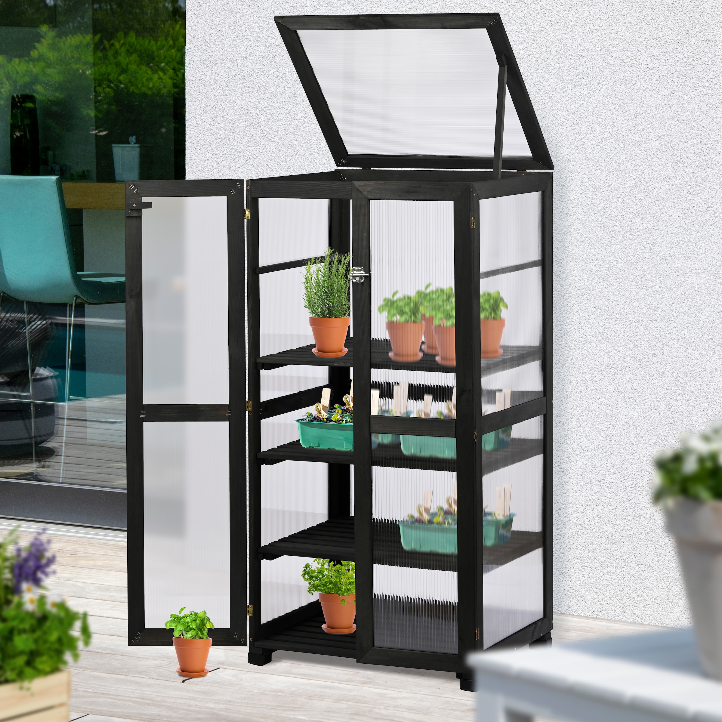 dobar Anzuchttopf »Dome« großer Anzuchtschrank aus FSC®-zertifiziertem Kiefernholz, Anthrazit