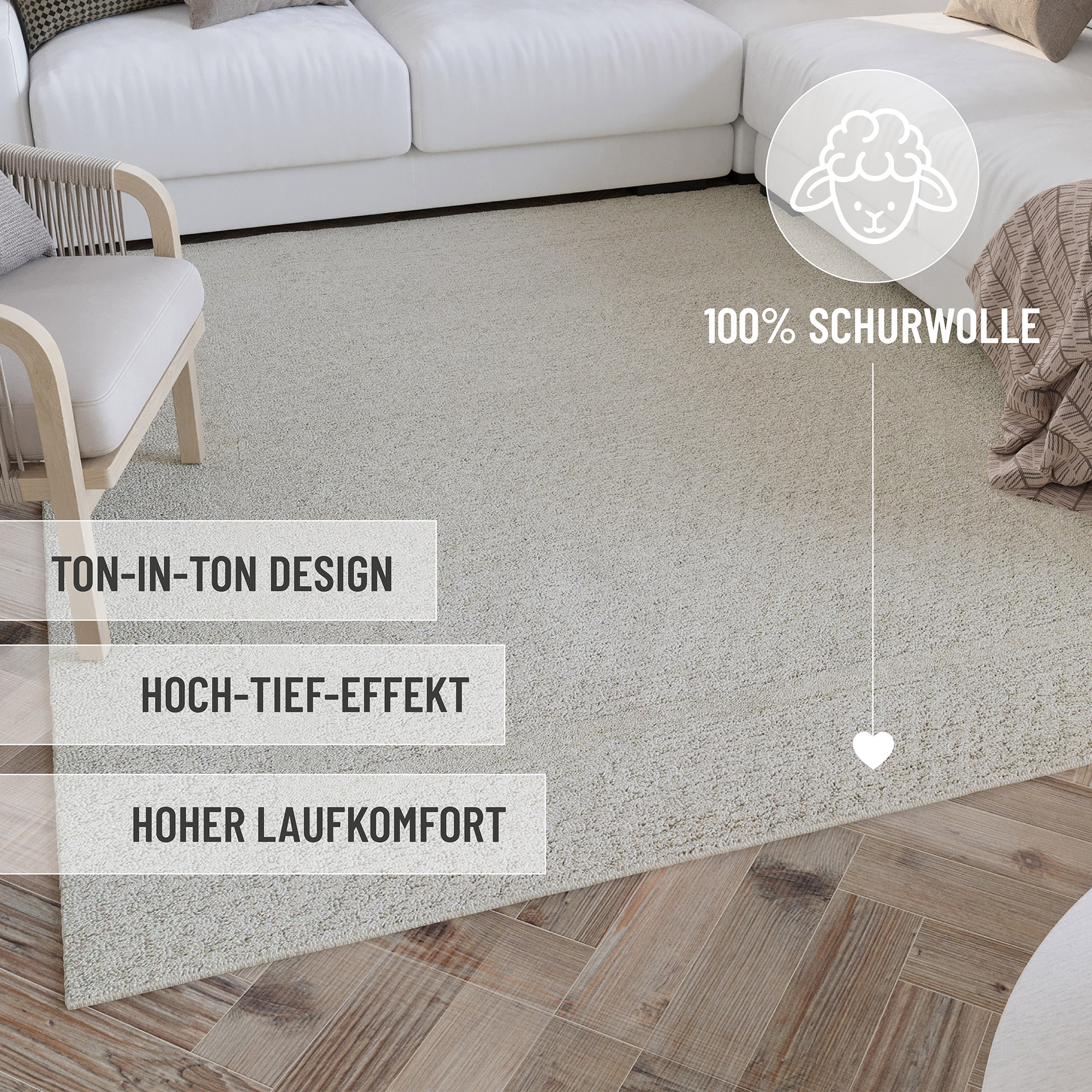 Wecon home Wollteppich »Hamptons THIRTYFIVE«, rund, 15 mm Höhe, Schurwolle, Kurzflor, Wohn- & Schlafzimmer, elegant, strukturiert