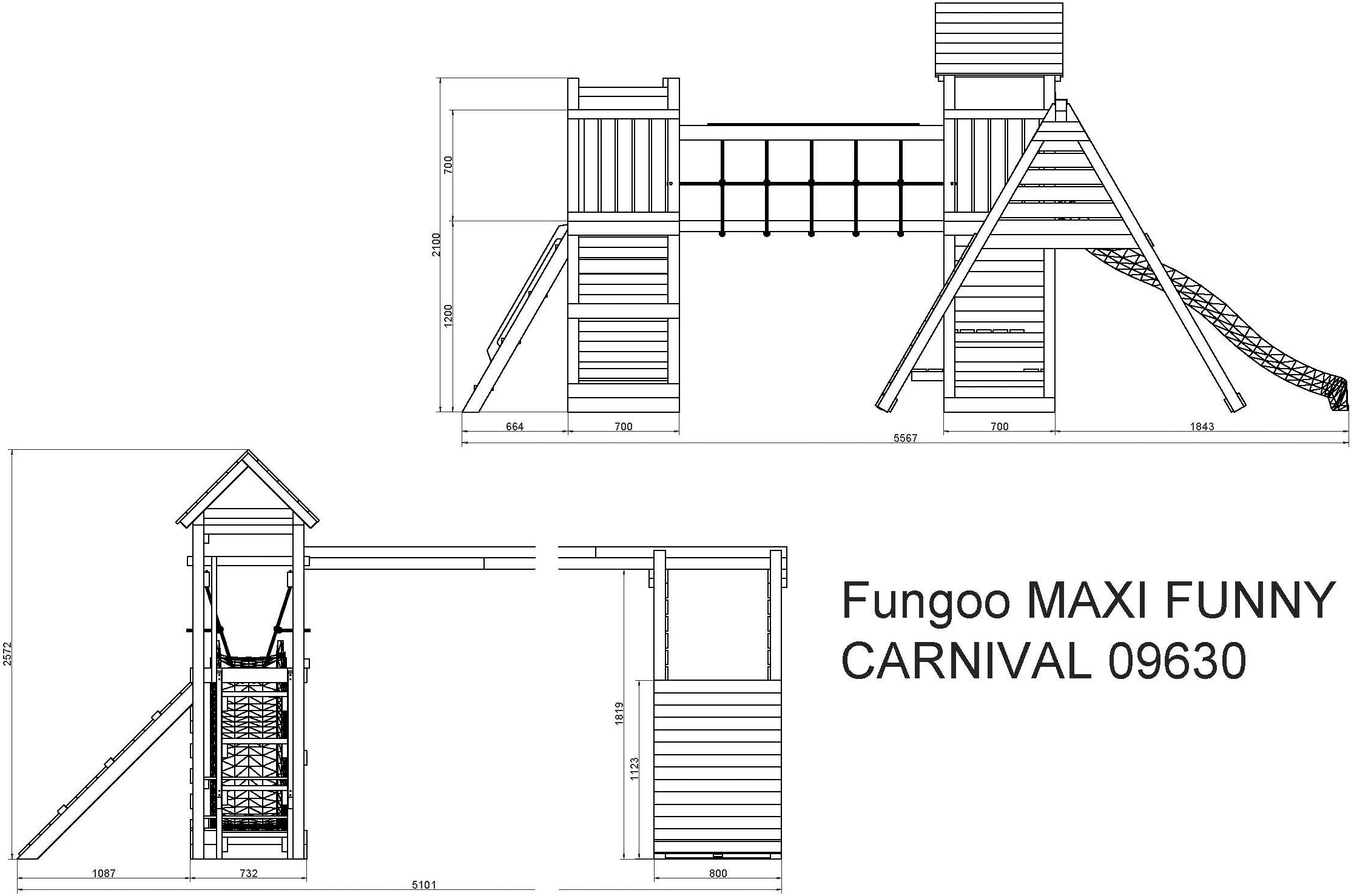 FUNGOO Spielturm »Maxi Funny Carnival«, (Packung), Spielturm mit Rutsche, Schaukeln, Kletterwand und Seilbrücke