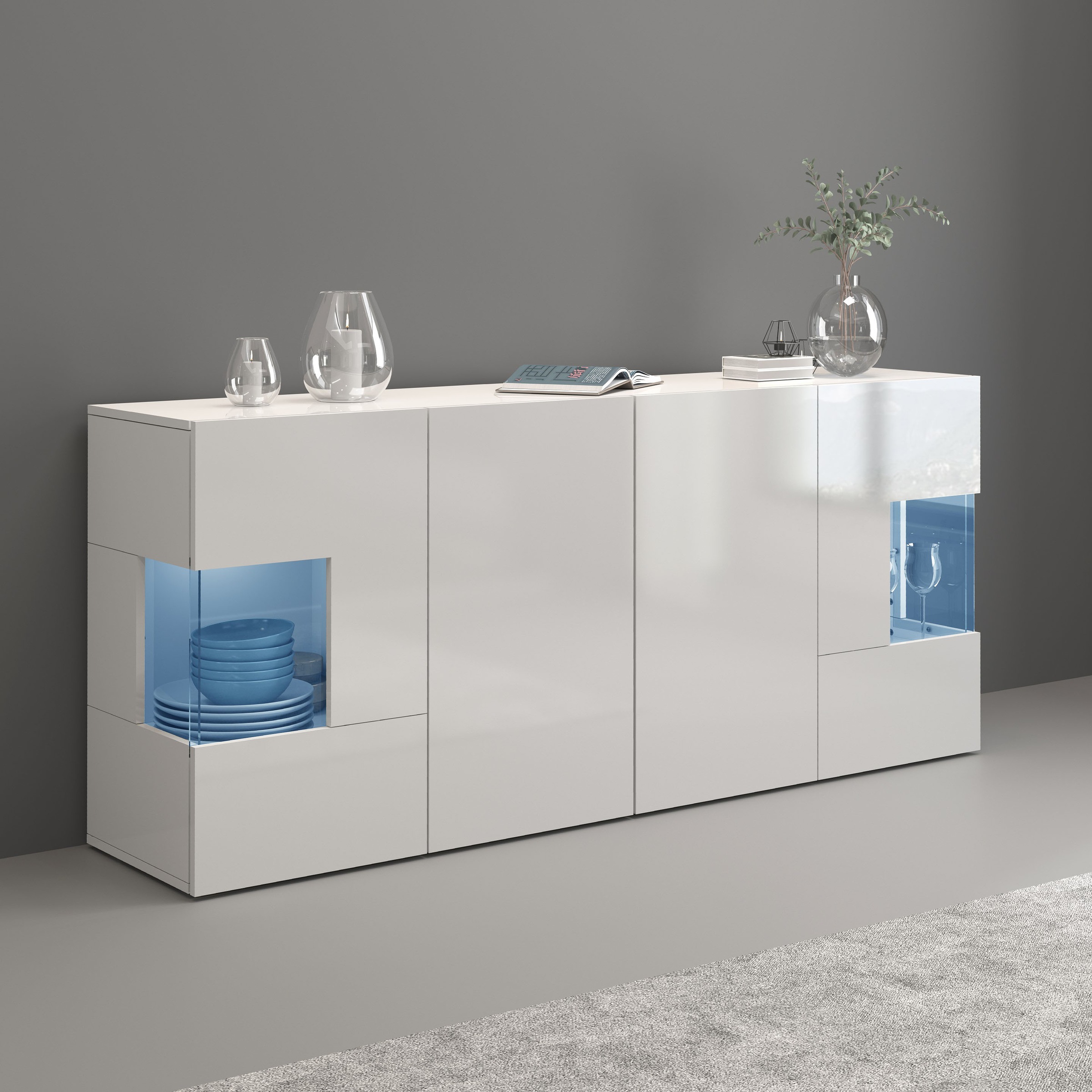 INOSIGN Sideboard »Egypt, Kommode, Schrank, Kredenz, Vitrine grifflos«, 4 Türen davon 2 mit Glaseinsatz, kompl. Hochglanz lackiert, Breite 180