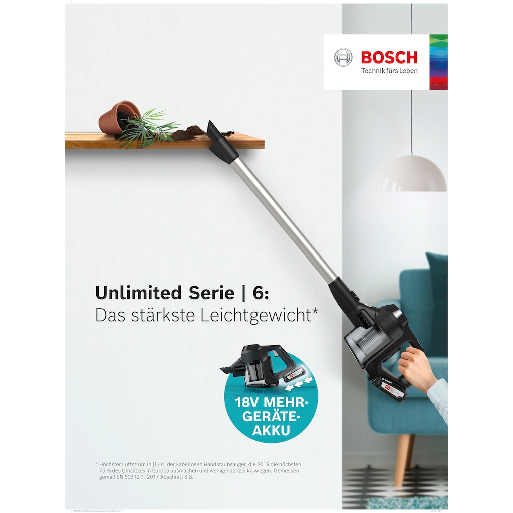 BOSCH Akku-Hand-und Stielstaubsauger »Unlimited 6 BLS612BLCK, Hygiene-Filter, 10 Jahre Motorgarantie, leicht«, 2 Akkus, alle Bodenarten, hohe Saugkraft, lange Laufzeit, schwarz