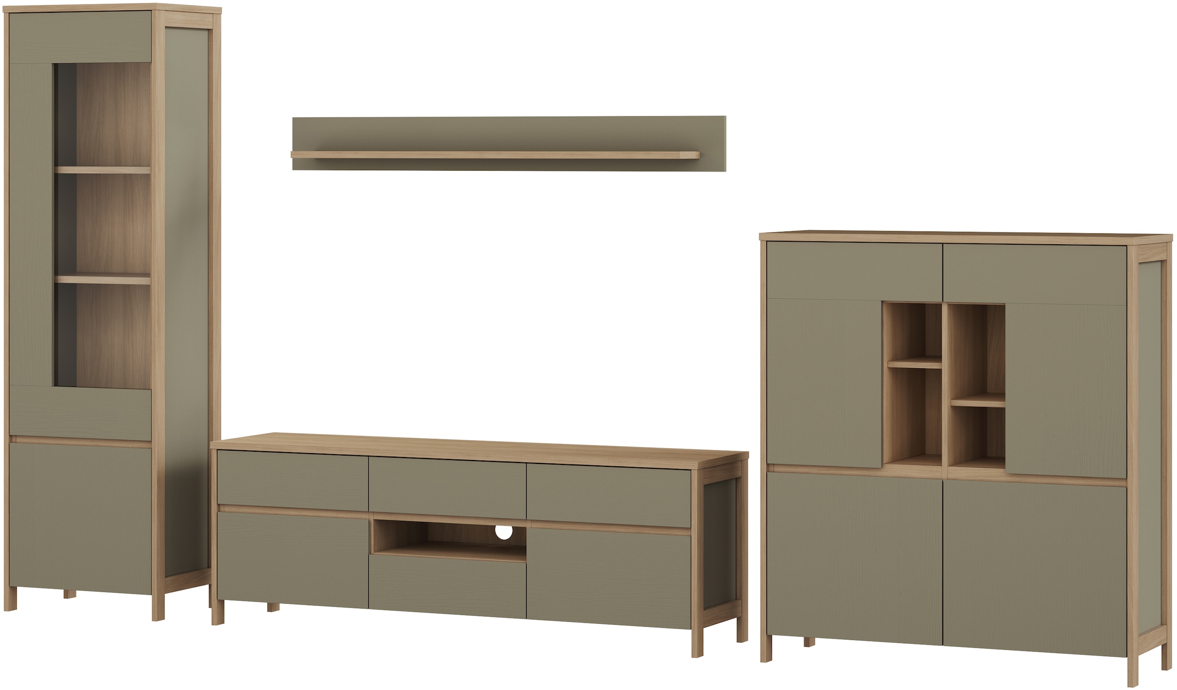 Home affaire Wohnwand »Stranda, moderne Anbauwand, Komplettset im Scandi-Style«, (4 St.), enthält Vitrine, Lowboard, Highboard und Wandboard, 364 cm breit