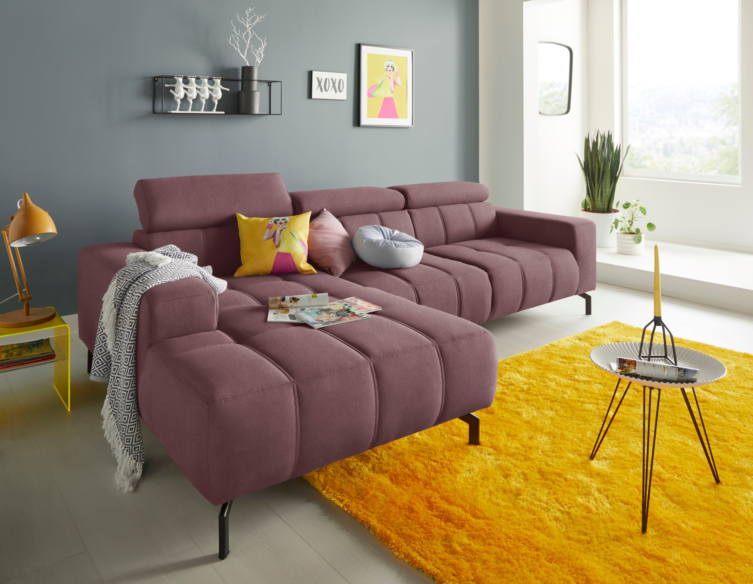 DOMO collection Ecksofa "Cunelli tolle Sitznähte als Designelement, fester Sitzkomfort, L-Form" whlw. verstellbare Kopfteile, passend für gängige Saugroboter