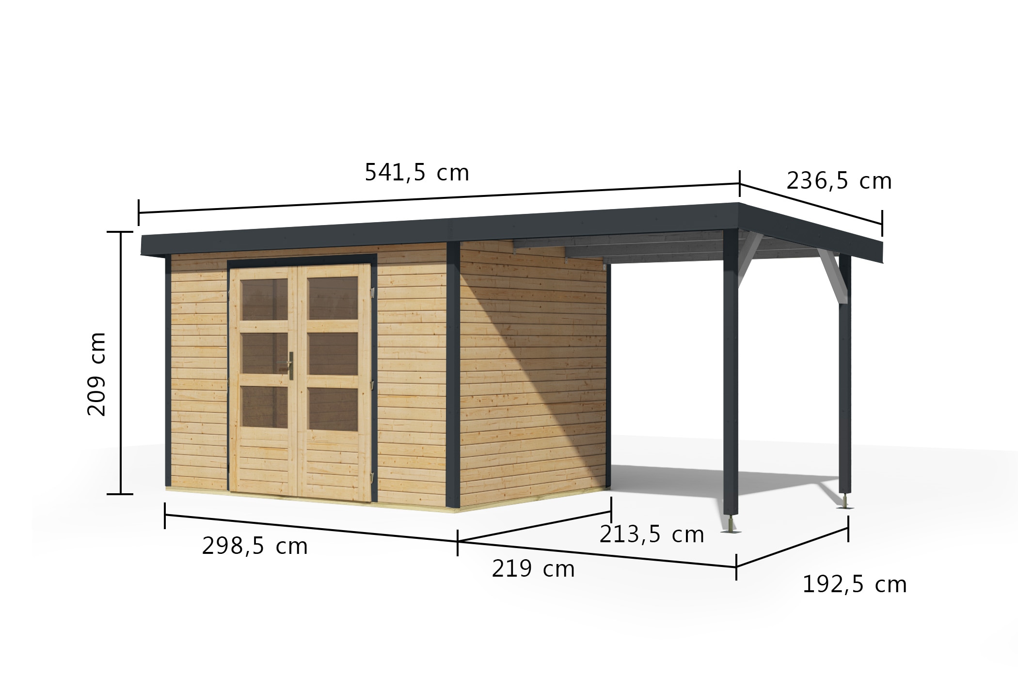 Karibu Gartenhaus »"Jupiter 4 A" SET naturbelassen, mit Anbaudach 2,35 m breit«, hochwertige Materialien: nordische Fichte, Stahlecken, Trapezblechdach