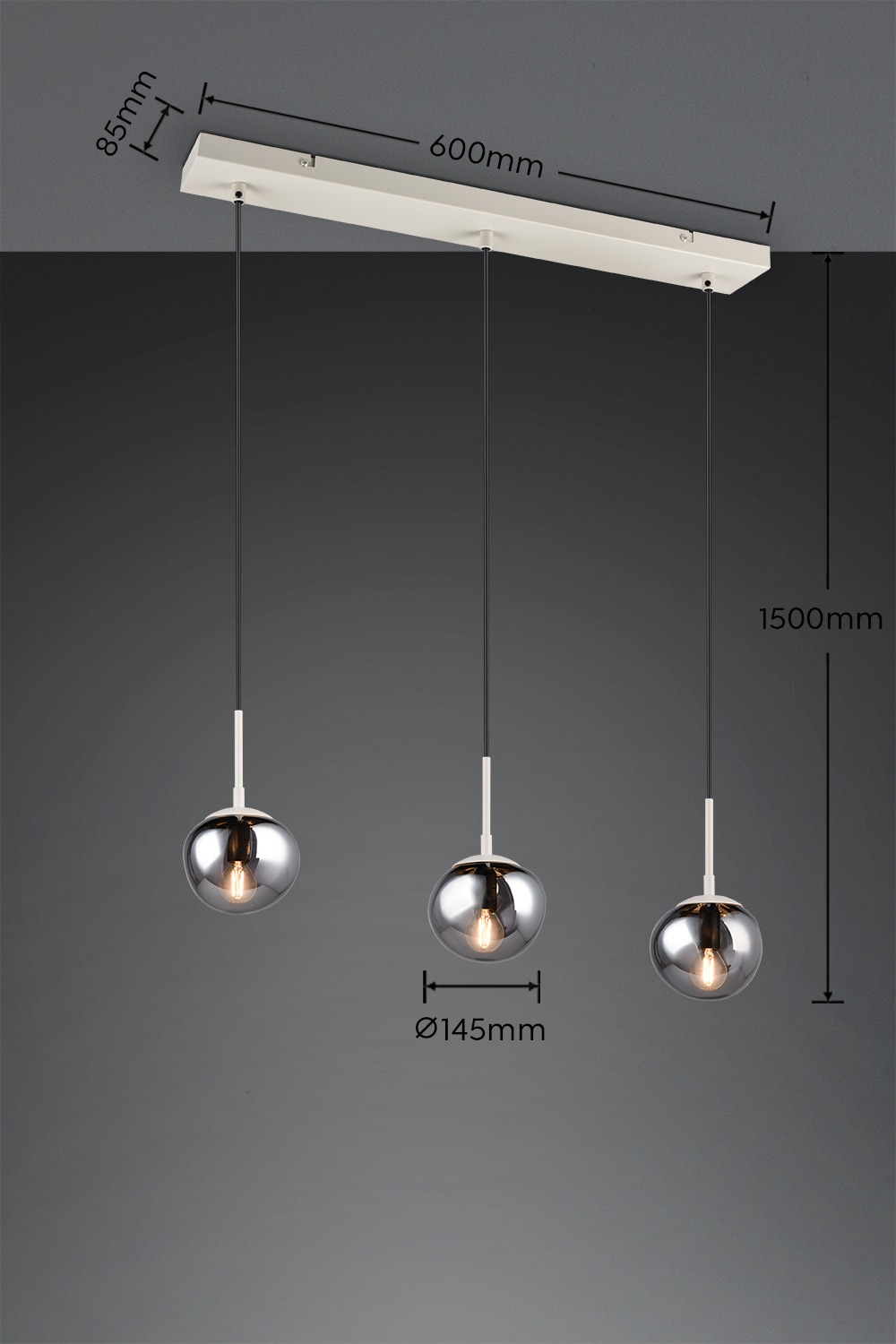 s.Oliver Pendelleuchte »ANJELLA, Hängelampe exkl 3x E14 max 10W, in warm grey + smoke Glas«, 3 flammig, Leuchtmittel E14 | Leuchtmittel wechselbar, mit mundgeblasenen Glas Lampenschirmen in rauchgrau, 150 x 60 x 8,5 cm