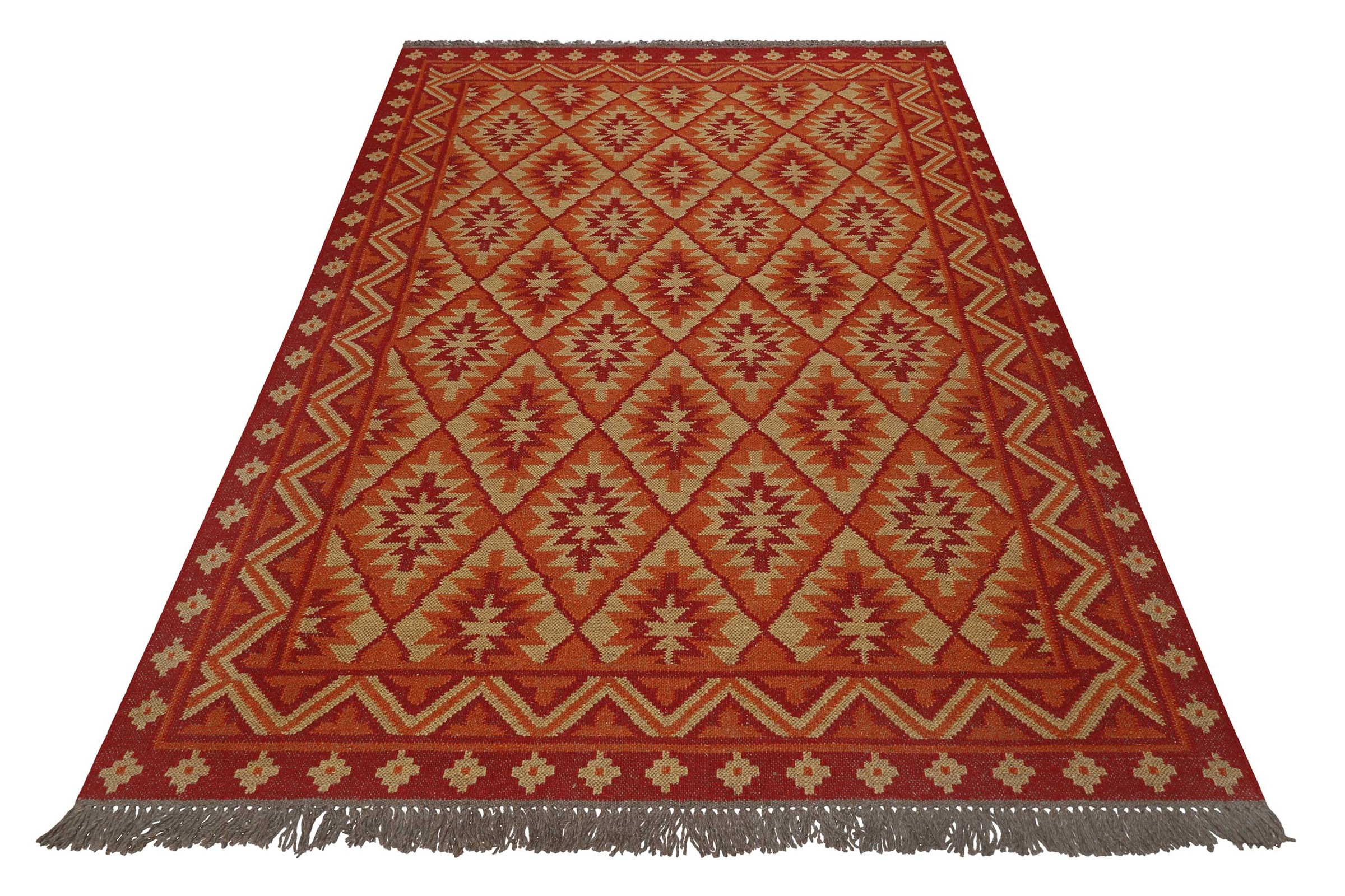 Thumbnail - Green Looop Wollteppich "Clare" rechteckig 5 mm Höhe Fransen, Kelim, handgewebt, Natur, Wohnzimmer, Schlafzimmer, Raute