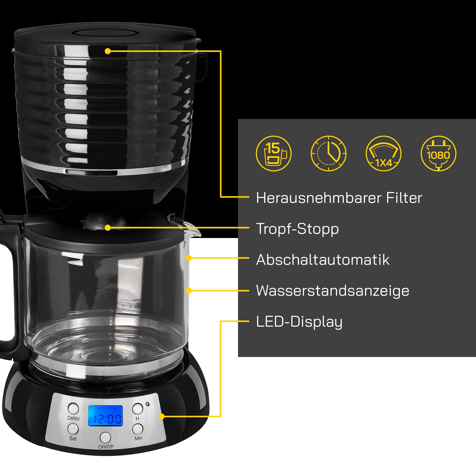 Gutfels Filterkaffeemaschine »COFFEE 3300 C« 1,5 l Kaffeekanne Papierfilter 1x4 1,50 L Glaskanne, 1080 Watt