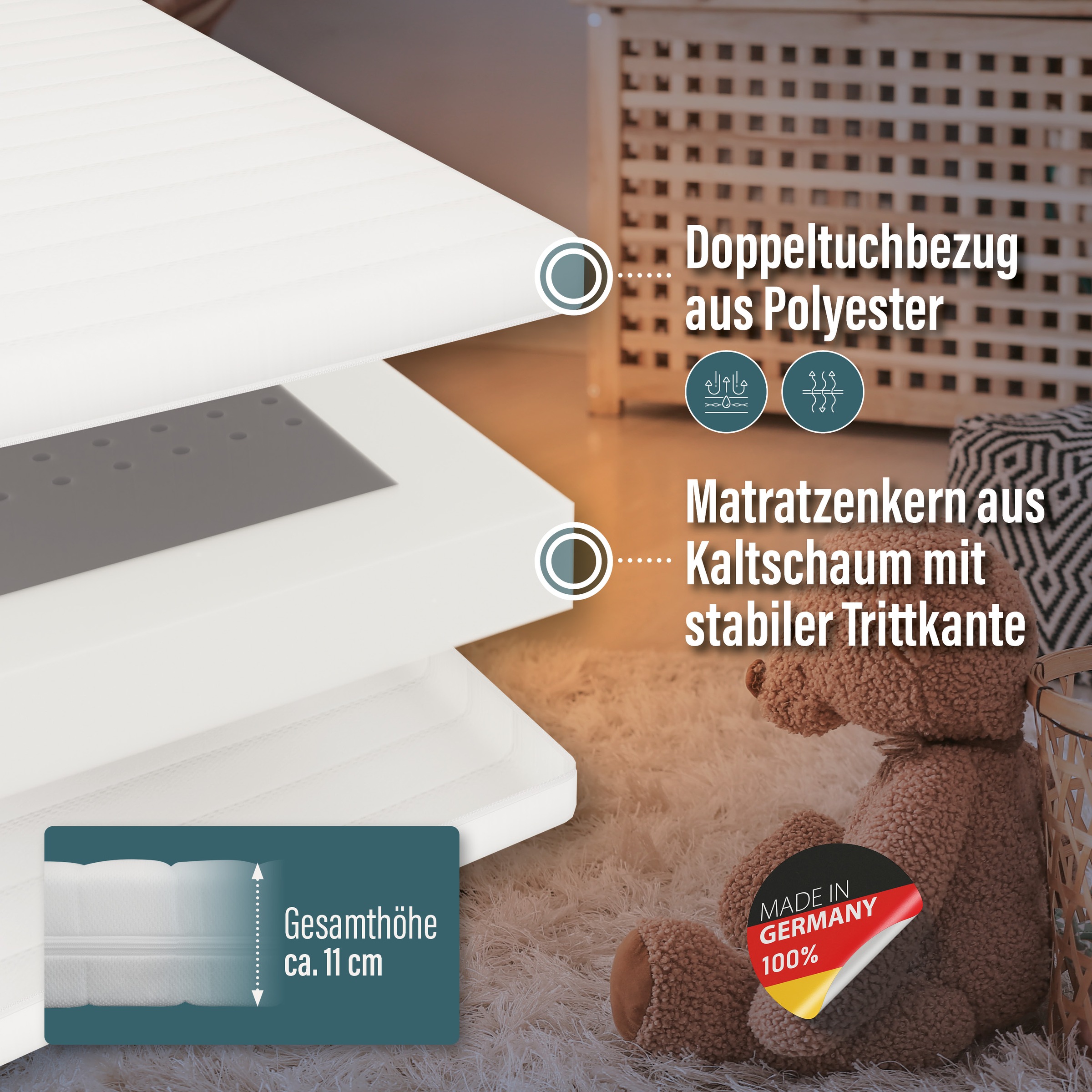 Beco Kindermatratze "Kindermatratze BeCo Kaja, ergonomisch, hygienisch und strapazierfähig" 11 cm hoch Raumgewicht: 35 kg/m³ 1 Stk. tlg. Note GUT (2,2) der Preistipp bei Stiftung Warentest (Ausgabe 09/2024)