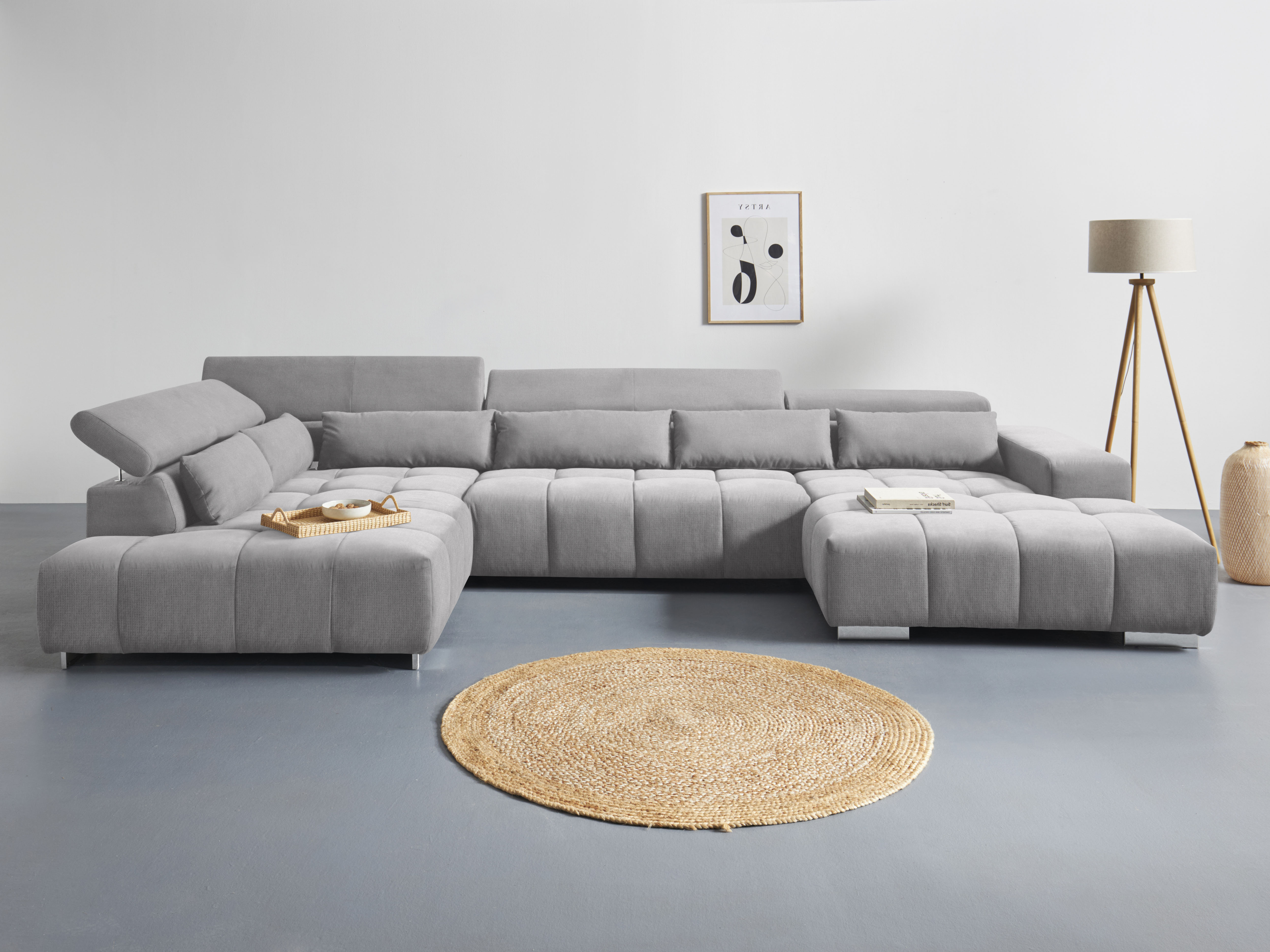 COTTA Wohnlandschaft "Orion U-Form XXL, B: 409 cm, bequeme Wellenunterfederung, top modern" mit Kopfteilverstellung & 6 Nierenkissen