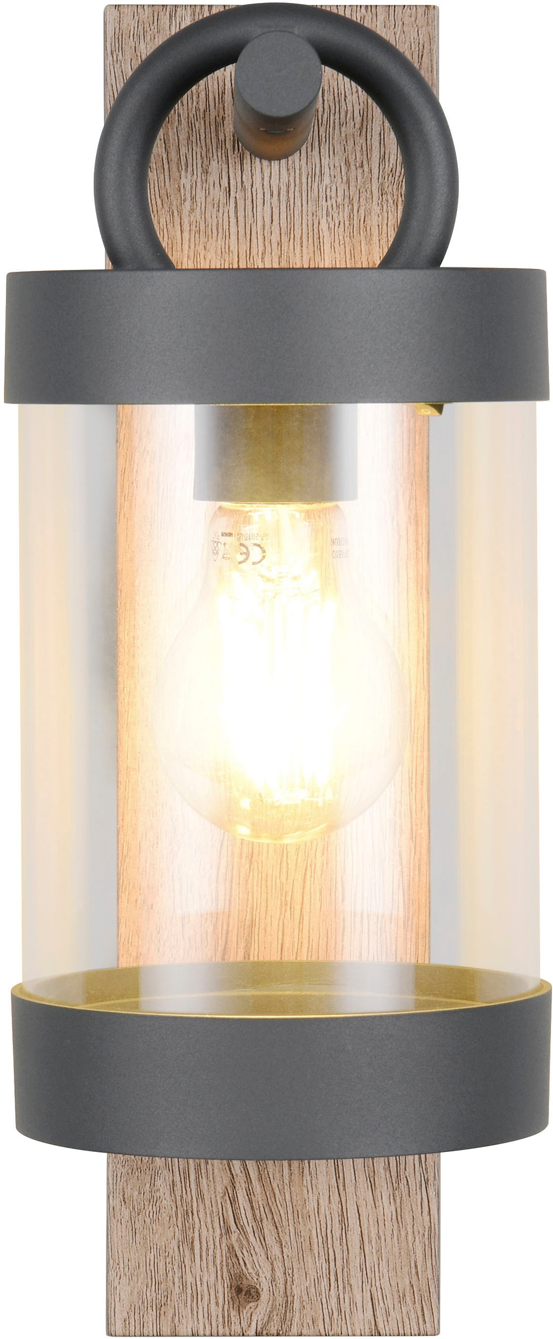 TRIO Leuchten Außen-Wandleuchte »SAMBESI, Laternen Optik Hauswand, exkl 1x E27 max 28W Dämmerungssensor«, 1 flammig, Leuchtmittel E27 | Leuchtmittel wechselbar, Fassadenbeleuchtung aus Alu Druckguss, Rückenplatte Holz Nachbildung