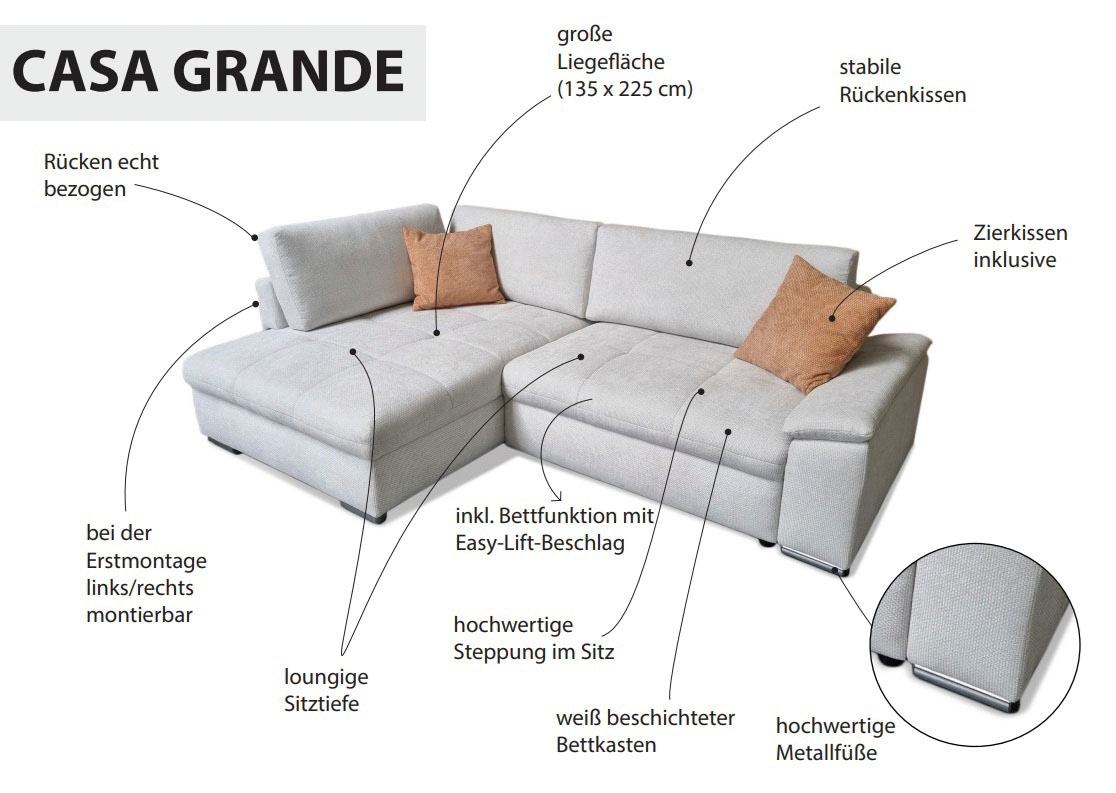 exxpo - sofa fashion Ecksofa »Casa Grande inkl. Bettfunktion, Bettkasten, OTTOs Choice, bequem«, L-Form, guter Sitzkomfort, grioße Liegefläche