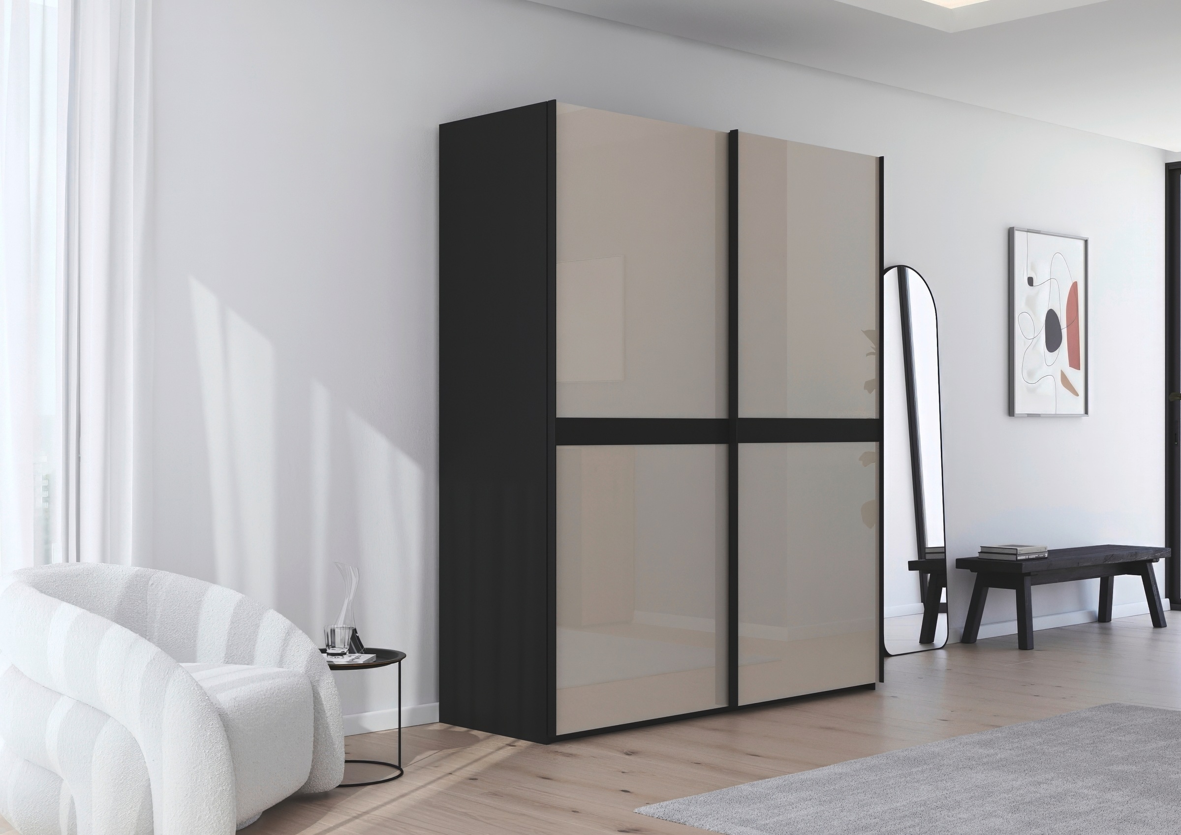 rauch Schwebetürenschrank »Kleiderschrank Schrank Garderobe Schlafzimmerschrank SCALE-LINE«, edle Optik mit Bauchbinde in Korpusfarbe mit Glasfront MADE IN GERMANY