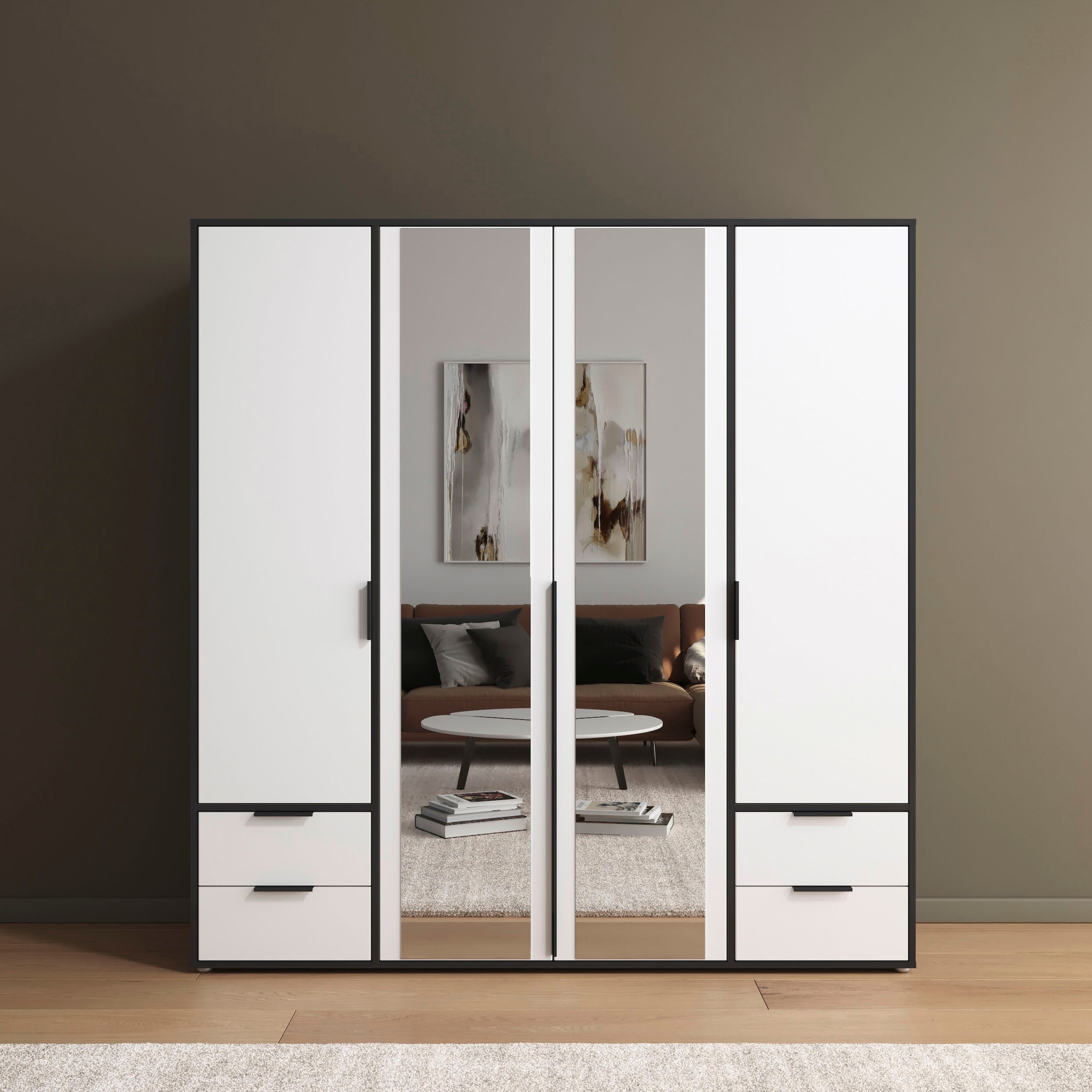 rauch Drehtürenschrank »Kleiderschrank Schrank Garderobe Wäscheschrank NAGATA mit Spiegel«, (in 3 verschiedenen Ausstattungen BASIC/CLASSIC/PREMIUM), und Schubladen sowie Stangengriffen TOPSELLER MADE IN GERMANY