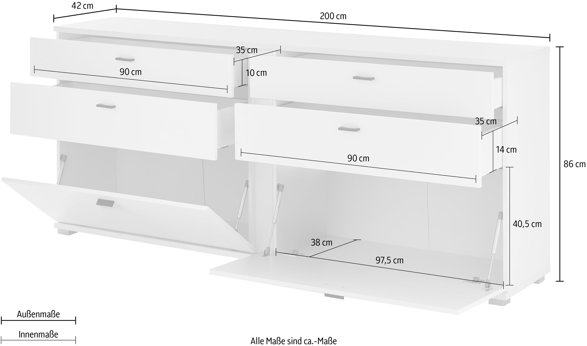 INOSIGN Sideboard »LONG ISLAND«, (1 St.), in moderner Trendfarbe,inklusive senkrechter Beleuchtung,Breite 200 cm