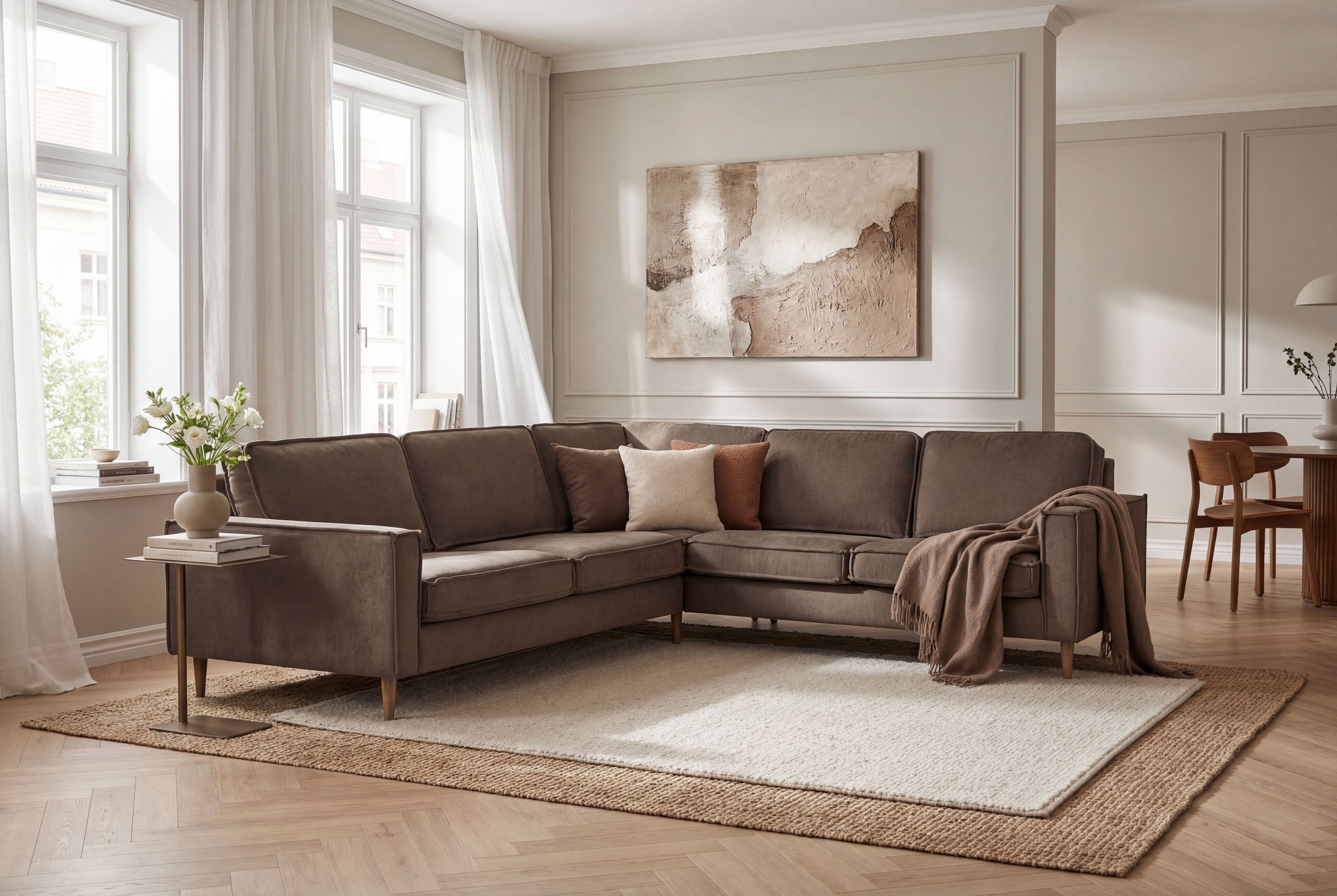 Ecksofa HOME AFFAIRE "Pinto Skandi, 290 cm, Chenille, Struktur, Ottomane links / rechts", braun, B:290cm H:89cm T:250cm, 100% Polyester, Sofas, Ecksofa, mit Keder, Massivholzfüße Eiche geräuchert, Wellenunterfederung