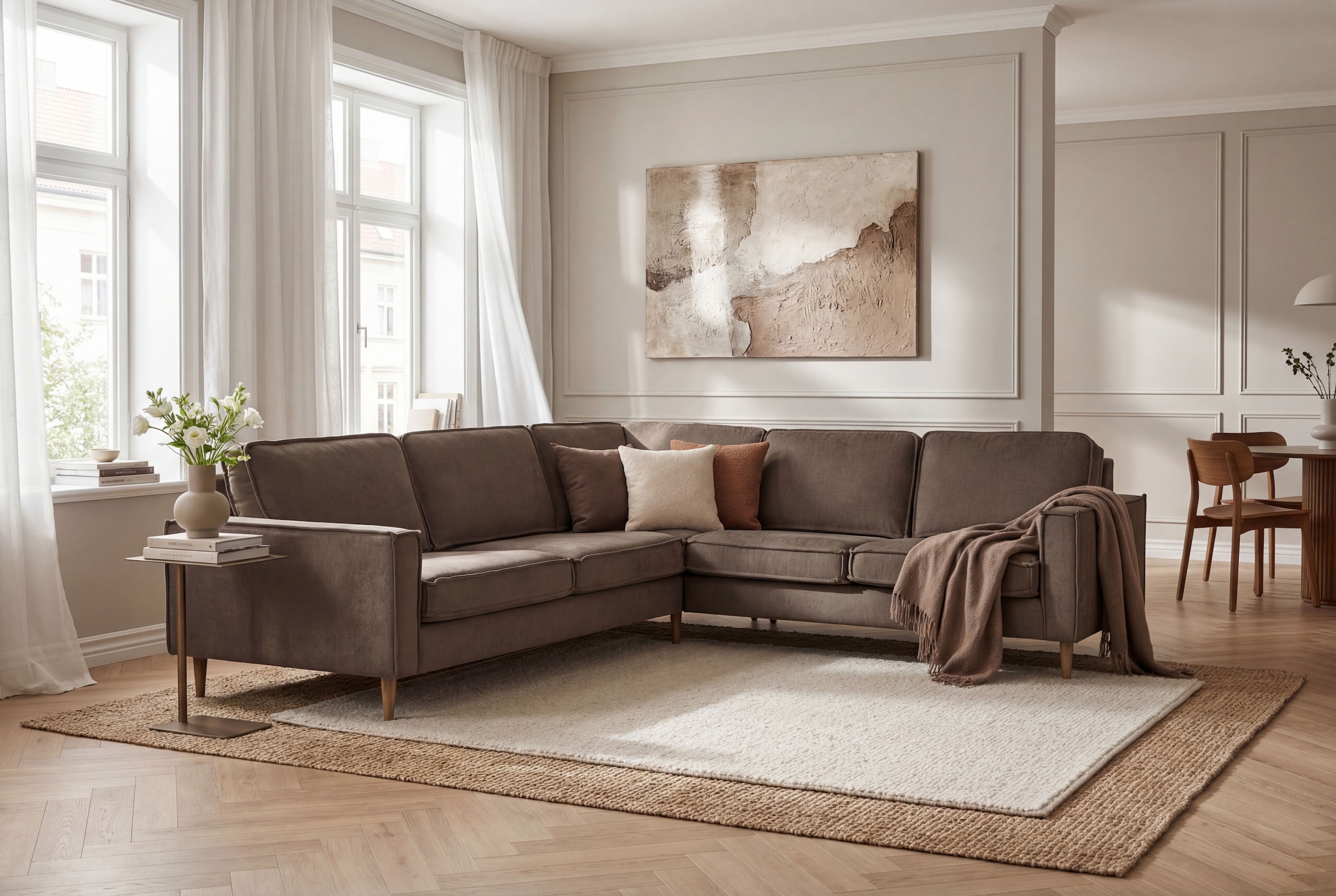 OTTO home Ecksofa "Pinto Skandi, 290 cm, Chenille, Struktur, Ottomane links / rechts" mit Keder, Massivholzfüße Eiche geräuchert, Wellenunterfederung
